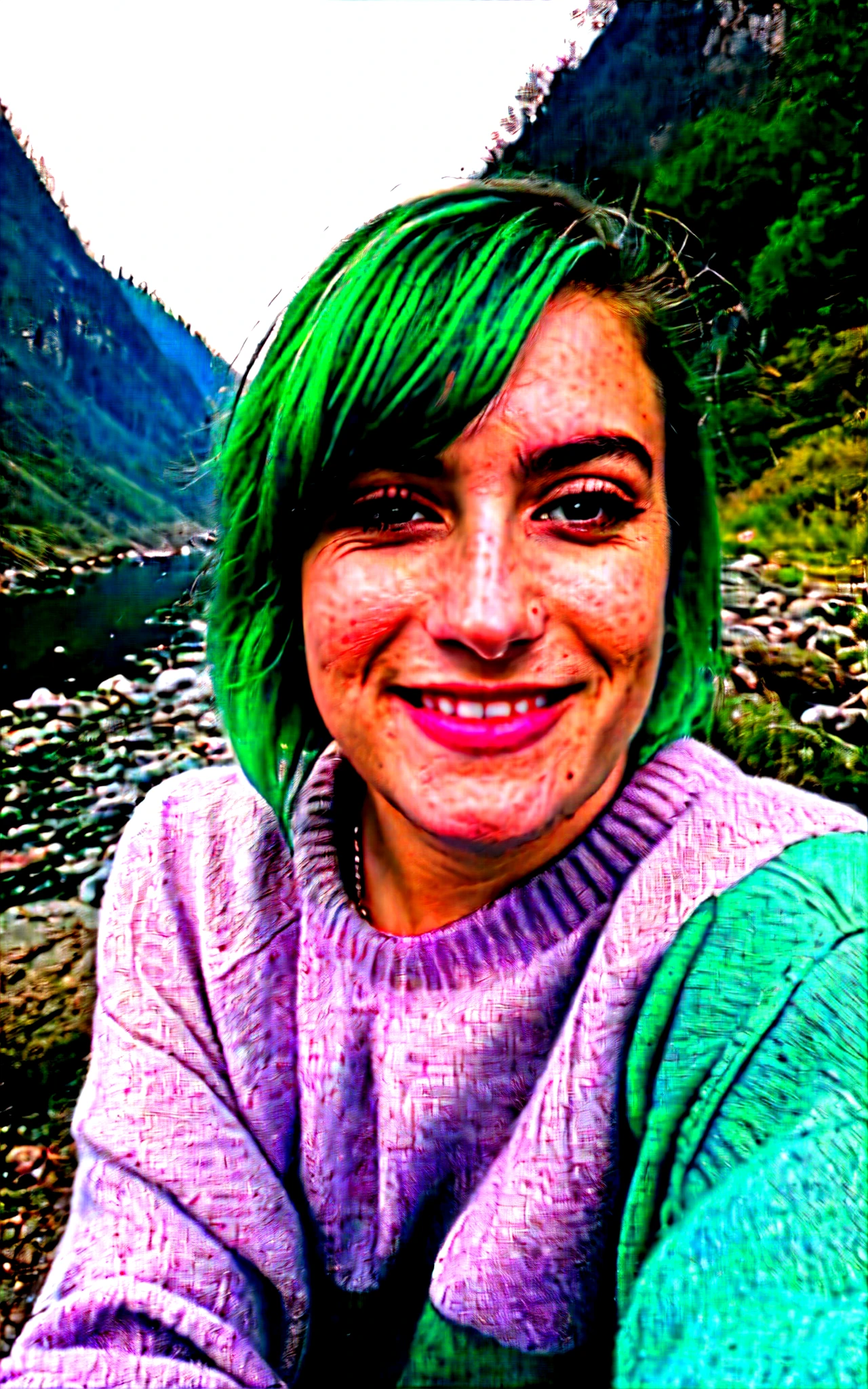 Photo, photo of a beautiful woman, age 20 years , face looking straight into the camera , selfie, upper body, One, wear a pullover, on open air, (night), Mountains, real nature, stars, moon, cheerful, happy, gloves, sweater, the forest, rocks, River, wood, smoke, Fog, I look at the viewer, ultra skin texture, photograin, close-up, RAW photo, purple-green hair, European appearance 