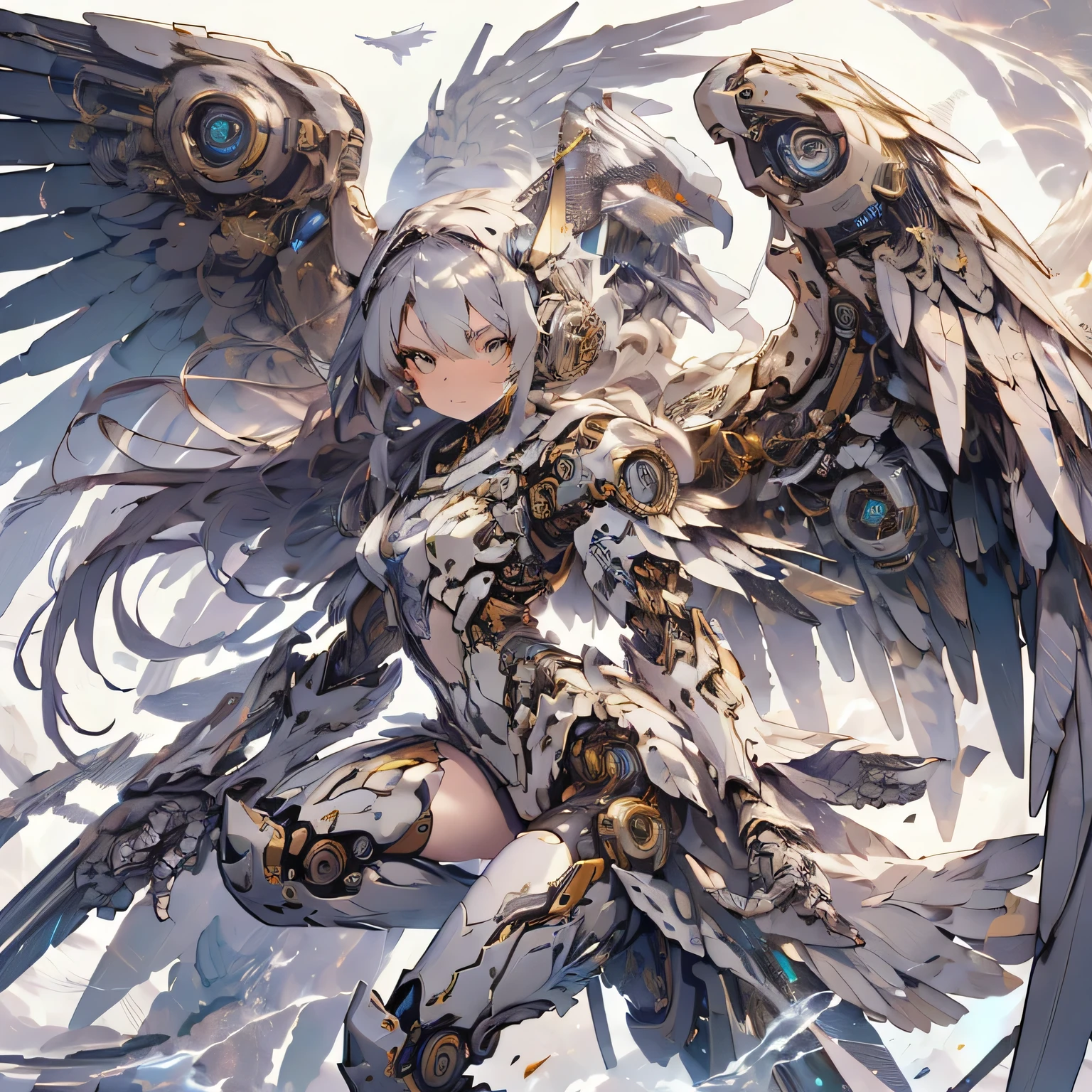 Anime girl with a hawk and eagle claws on her back, Trending on Art Station Pixiv, mechanized valkyrie girl, anime fantasy illustration, Mechanical beauty, Kushat Kents, mechanized soldier girl, anime fantasy artwork, anime mecha aesthetics, Gweizart Station pixiv, detailed anime character art, anime style 4k, anime illustration