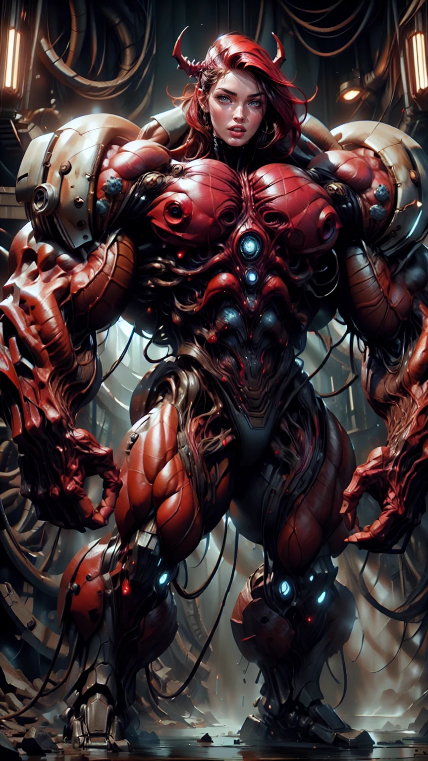 Cinematic, clear facial features and insanely detailed, the image captures the essence of (1 girl), (megan fox:1.25), (long red hair), (carnage skinless physique:1.25), (1 super muscular undead skinless succubus with gigantic horns:1.25), (covered in red necrotic rotting skinless muscle:1.25), (exposed muscles & veins everywhere:1.25), (perfect fingers:1.25) (full body pose:1.25). The color grading is beautifully done, enhancing the overall cinematic feel. Unreal Engine makes her appearance even more mesmerizing. With depth of field (DOF), every detail is focused and accentuated, drawing attention to her eyes and hair. Peak image resolution utilizing super-resolution technology ensures pixel perfection. Cinematic lighting enhances her aura, while anti-aliasing techniques like FXAA and TXAA keep the edges smooth and clean. Adding realism to the muscular bio-mecha succubus , RTX technology enables ray tracing. Additionally, SSAO (Screen Space Ambient Occlusion) gives depth and realism to the scene, the girl's presence even more convincing. In the post-processing and post-production stages, tone mapping enhances the colors, creating a captivating visual experience. The integration of CGI (Computer-Generated Imagery) and VFX (Visual Effects brings out her demonic features seamlessly . Incredible level of detail, with intricate elements meticulously crafted, the artwork hyper maximalist and hyper-realistic. Volumetric effects add depth and dimension, with unparalleled photorealism. 8k resolution rendering ensures super detailed visuals. The volumetric lighting adds a touch of magic, highlighting her beauty and aura in an otherworldly way. High Dynamic Range (HDR) tech makes the colors pop, adding richness to the overall composition. Ultimately, this artwork presents an unreal, yet stunningly real portrayal of an incredibly beautiful bio-mecha succubus girl. The sharp focus ensures that every feature is crisply defined, creating a captivating presence. (girl face:1.45)