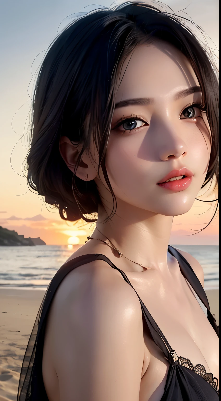 Mustepiece, top quality, illustration, ultra-definition, fine details, high resolution, 8K wallpaper, perfect dynamic composition, beautiful detailed eyes, wearing a dress, natural color lips, beach, random cute pose, perfect and beautiful face , cute, sexy face, sunset, feminine face