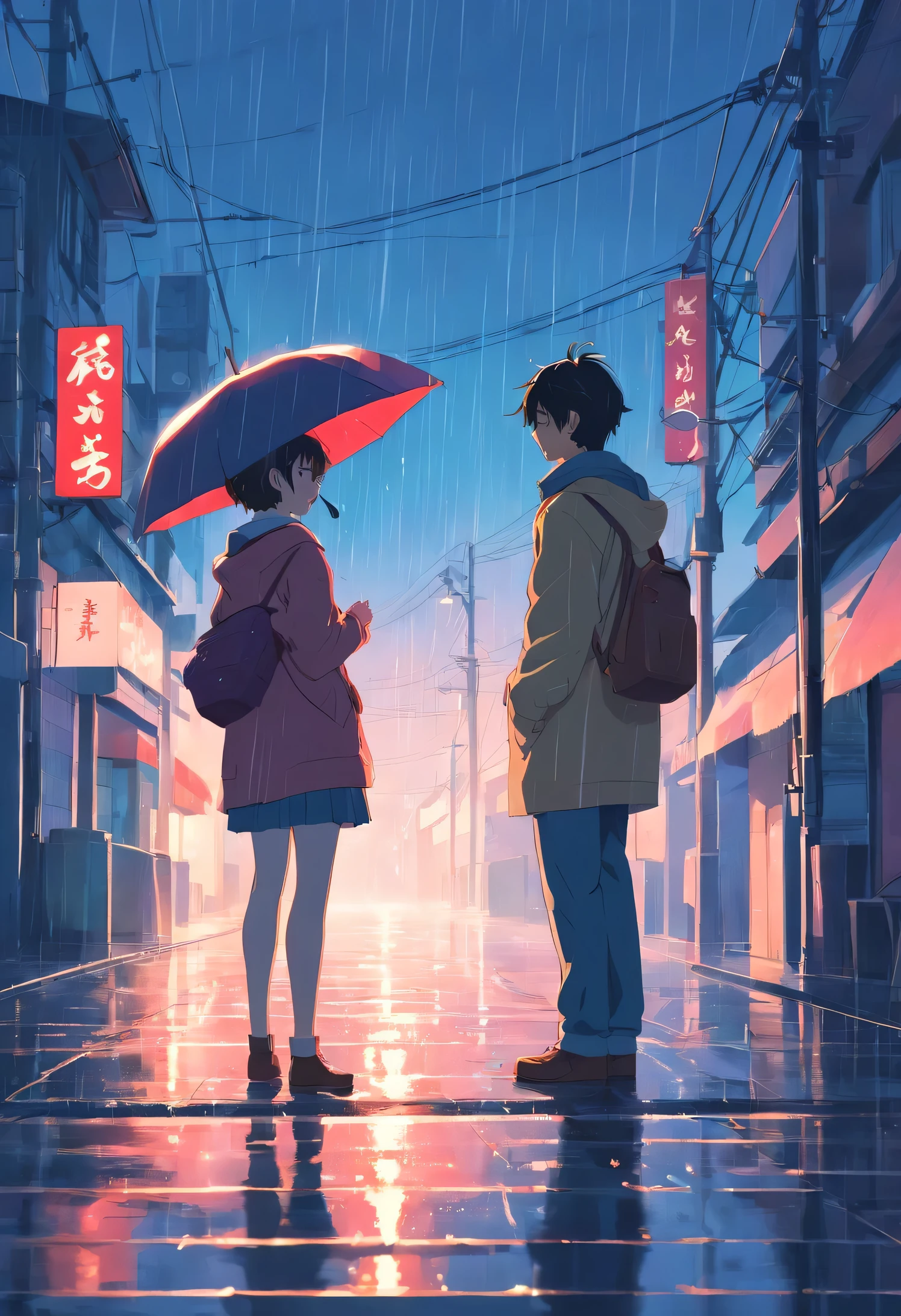 Landscapes of an ex-couple crying in the rain taking roads stopped by a breakup with representation of the red thread of love