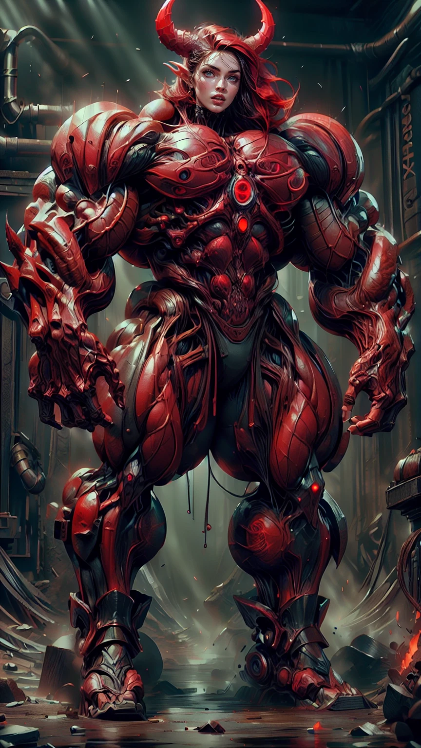 Cinematic, clear facial features and insanely detailed, the image captures the essence of (1 girl), (megan fox:1.25), (long red hair), (carnage skinless physique:1.25), (1 super muscular undead skinless succubus with gigantic horns:1.25), (covered in red necrotic rotting skinless muscle:1.25), (exposed muscles & veins everywhere:1.25), (perfect fingers:1.25) (full body pose:1.25). The color grading is beautifully done, enhancing the overall cinematic feel. Unreal Engine makes her appearance even more mesmerizing. With depth of field (DOF), every detail is focused and accentuated, drawing attention to her eyes and hair. Peak image resolution utilizing super-resolution technology ensures pixel perfection. Cinematic lighting enhances her aura, while anti-aliasing techniques like FXAA and TXAA keep the edges smooth and clean. Adding realism to the muscular bio-mecha succubus , RTX technology enables ray tracing. Additionally, SSAO (Screen Space Ambient Occlusion) gives depth and realism to the scene, the girl's presence even more convincing. In the post-processing and post-production stages, tone mapping enhances the colors, creating a captivating visual experience. The integration of CGI (Computer-Generated Imagery) and VFX (Visual Effects brings out her demonic features seamlessly . Incredible level of detail, with intricate elements meticulously crafted, the artwork hyper maximalist and hyper-realistic. Volumetric effects add depth and dimension, with unparalleled photorealism. 8k resolution rendering ensures super detailed visuals. The volumetric lighting adds a touch of magic, highlighting her beauty and aura in an otherworldly way. High Dynamic Range (HDR) tech makes the colors pop, adding richness to the overall composition. Ultimately, this artwork presents an unreal, yet stunningly real portrayal of an incredibly beautiful bio-mecha succubus girl. The sharp focus ensures that every feature is crisply defined, creating a captivating presence. (girl face:1.45)