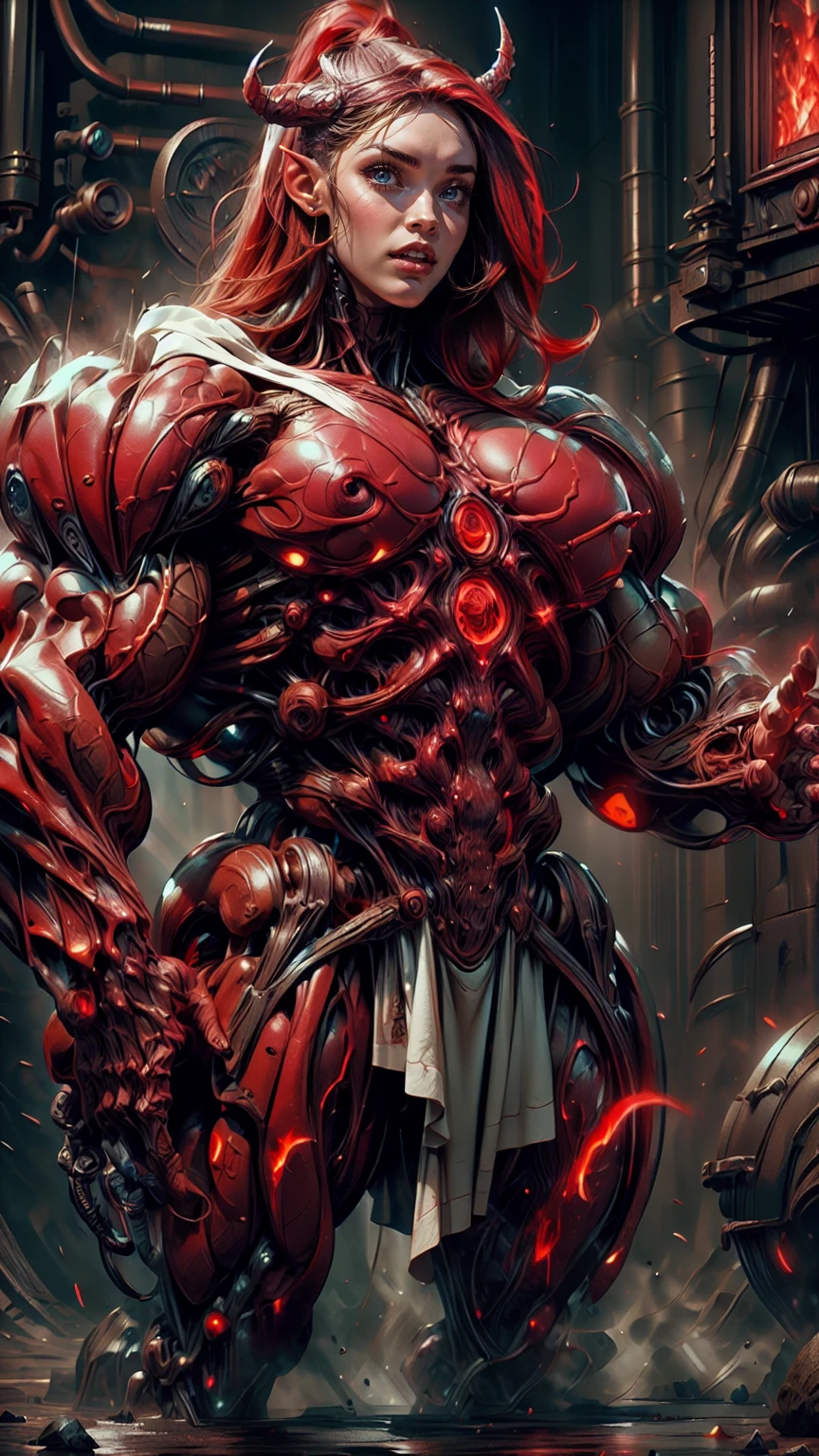 Cinematic, clear facial features and insanely detailed, the image captures the essence of (1 girl), (megan fox:1.25), (long red hair), (carnage skinless physique:1.25), (1 super muscular undead skinless succubus with gigantic horns:1.25), (covered in red necrotic rotting skinless muscle:1.25), (exposed muscles & veins everywhere:1.25), (perfect fingers:1.25) (full body pose:1.25). The color grading is beautifully done, enhancing the overall cinematic feel. Unreal Engine makes her appearance even more mesmerizing. With depth of field (DOF), every detail is focused and accentuated, drawing attention to her eyes and hair. Peak image resolution utilizing super-resolution technology ensures pixel perfection. Cinematic lighting enhances her aura, while anti-aliasing techniques like FXAA and TXAA keep the edges smooth and clean. Adding realism to the muscular bio-mecha succubus , RTX technology enables ray tracing. Additionally, SSAO (Screen Space Ambient Occlusion) gives depth and realism to the scene, the girl's presence even more convincing. In the post-processing and post-production stages, tone mapping enhances the colors, creating a captivating visual experience. The integration of CGI (Computer-Generated Imagery) and VFX (Visual Effects brings out her demonic features seamlessly . Incredible level of detail, with intricate elements meticulously crafted, the artwork hyper maximalist and hyper-realistic. Volumetric effects add depth and dimension, with unparalleled photorealism. 8k resolution rendering ensures super detailed visuals. The volumetric lighting adds a touch of magic, highlighting her beauty and aura in an otherworldly way. High Dynamic Range (HDR) tech makes the colors pop, adding richness to the overall composition. Ultimately, this artwork presents an unreal, yet stunningly real portrayal of an incredibly beautiful bio-mecha succubus girl. The sharp focus ensures that every feature is crisply defined, creating a captivating presence. (girl face:1.45)