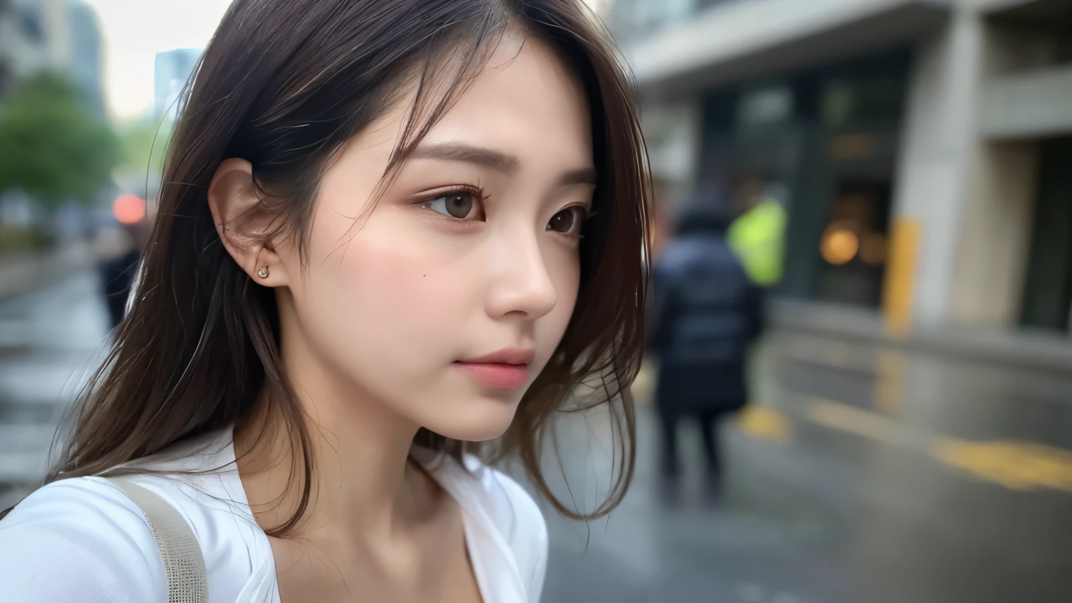 ((best quality, 8K, master piece:1.3)), sharp:1.2, beautiful woman with perfect figure:1.4, slim abs:1.2, ((layered hairstyles, huge tit:1.3,cleavage:1.2)), (A long shirt with wet white buttons visible through it.：1.1），（rain，street：1.2），get wet：1.5，Highly detailed face and skin texture，detailed eye，double eyelid，look at the camera from the side