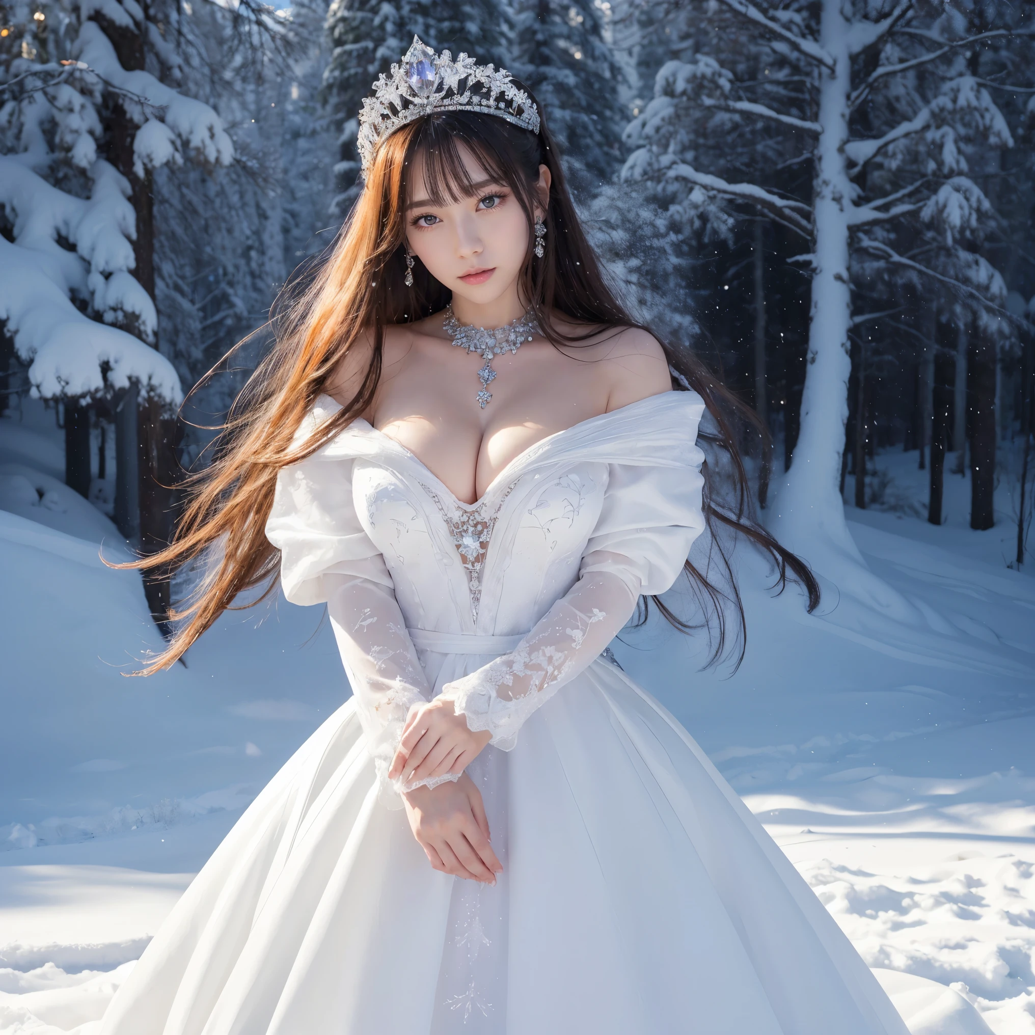 ((highest quality、table top、8K、best image quality、extremely complex and detailed depiction))、The most luxurious and highest quality giant tiara、The most luxurious and highest quality giant necklace、Yukihime、(雄大で美しいsnow forestの中で:1.1)、big and full breasts、skin as white as snow、glowing skin、Dresses それ shine in silver、Elegant and beautiful pure white snow dress、elegant decoration、Diamond decoration、artistic decoration、dress with lots of jewels、Luxury beyond imagination、the most luxurious decoration in the world、shining snow、Shining blizzard、Fantastic snowscape、Snow like a jewel、Diamond dust、The most realistic and complex background、Highly detailed and realistic background、A cold, expressionless face stares at me、(pure white skin:1.1)、Pure white makeup、(accurate anatomy:1.1)、Photo above the waist、キラキラと微細にshining snow、epic movie lighting、the most delicate sparkle of snow、tree covered with snow々、beautiful tree covered in snow々、(Beautiful fantastic orange and purple starry sky:1.2)、fantastic starry sky、starry sky in snowy mountains、It's snowing、snow forest、(There is a beautiful clear pond in the distance.:1.2)、jade eyes、(the most fantastic and romantic:1.1)、blurred background、portrait photography