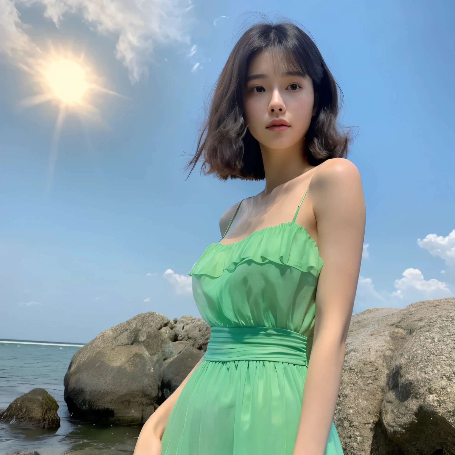 (masterpiece)、(最high quality)、(最high quality)、masterpiece,nffsw, retina, table top, Accurate, anatomically correct, rough skin, Super detailed, advanced details, high quality, award-winning, 最high quality, High resolution, 16K, ultra wide angle,looking at camera, lots of details, Detail view, enlightenment, nffsw, milky white skin, soft and tender skin, realism, Between drawing and realism, Run blender, octane rendering, realistic, enlightenment, draw a picture, nffsw, digital art, beautiful features, perfect face, pure white skin, symmetrical face, proportional body、Short cut with milk tea colored perm、green eyes、young(((Japanese:1.9)))、 18 year old female、solo、One-shot image generation、seaside scenery、beautiful woman in a colored dress