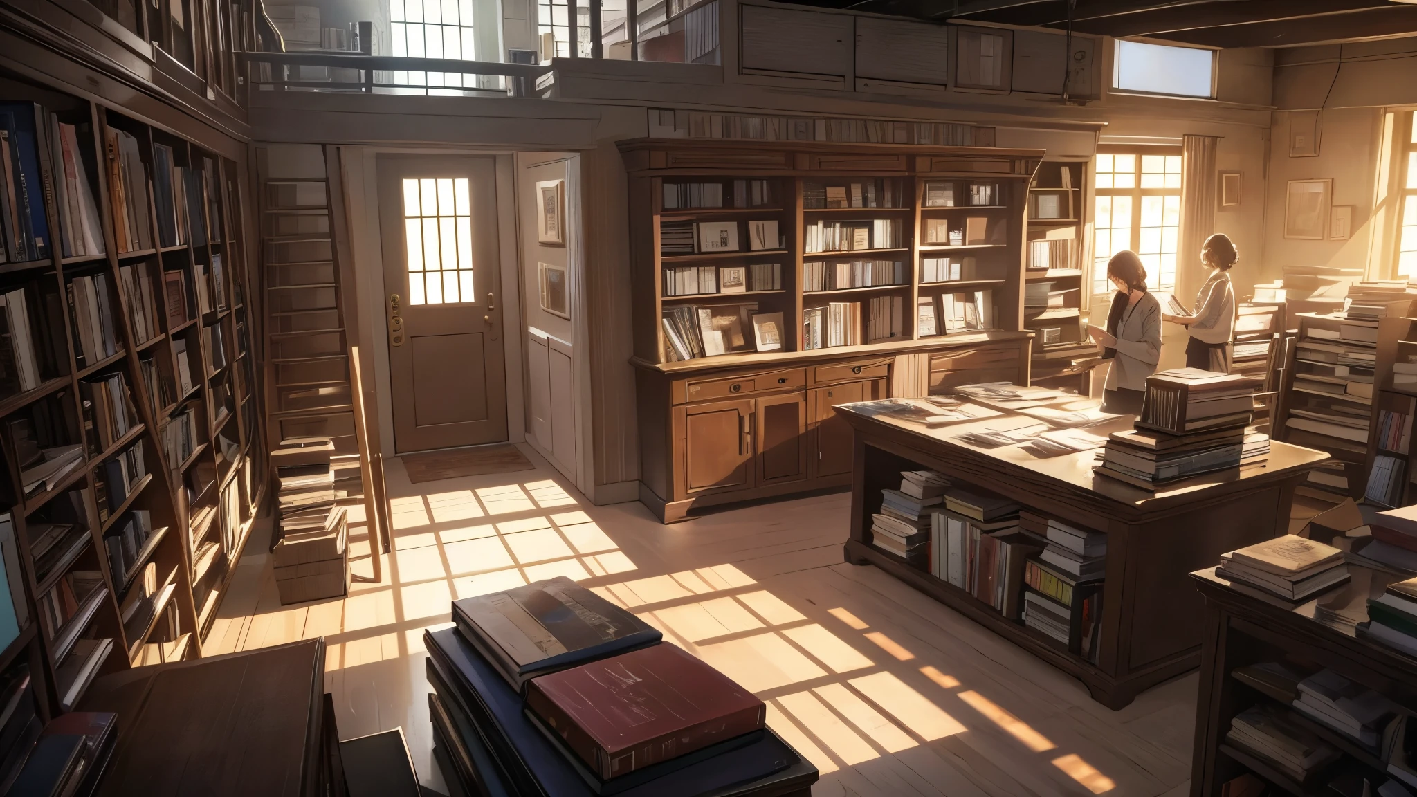 CG, unity, 8k, wallpaper, highest quality, masterpiece, double-page book on the desk, Used bookstore with no people, best lighting, detailed background, at a used bookstore, many books are stacked up, scattered books, (evening: 1.5), (Nostalgic and ephemeral scene: 1.5), (A picture dyed in madder red: 1.2), Particles of light like dust floating in the air, view from above