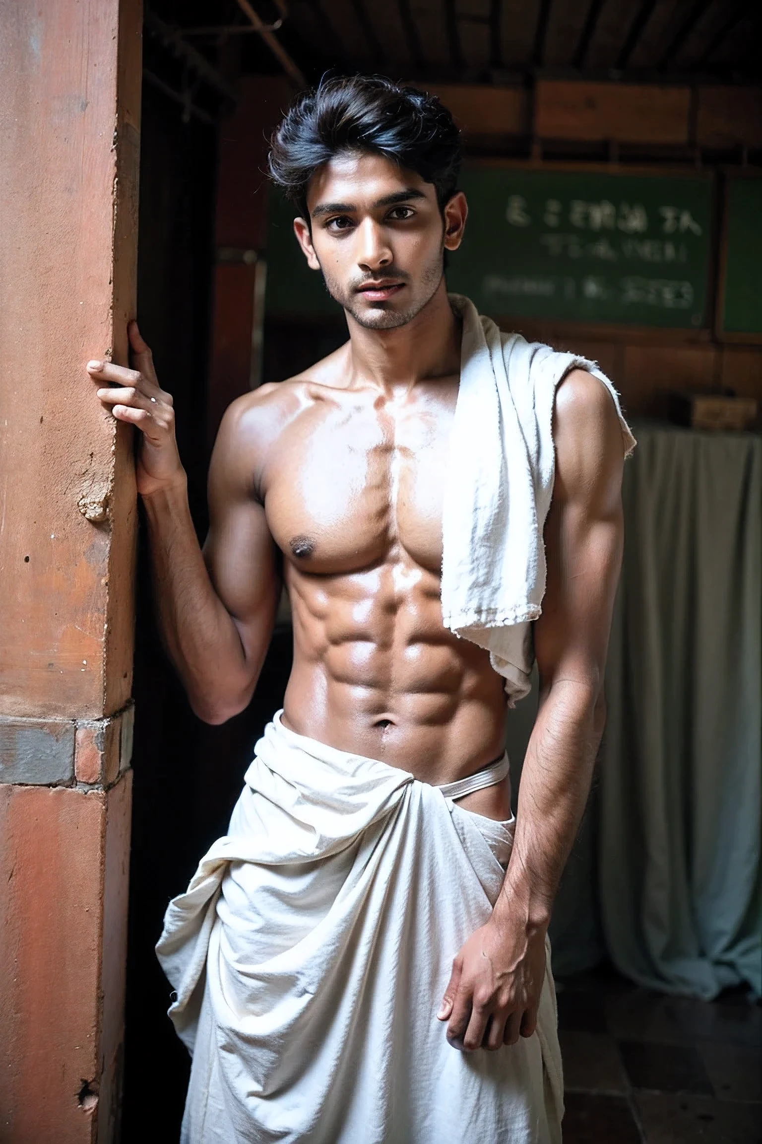 Handsome Indian man ,rural india , waist towel