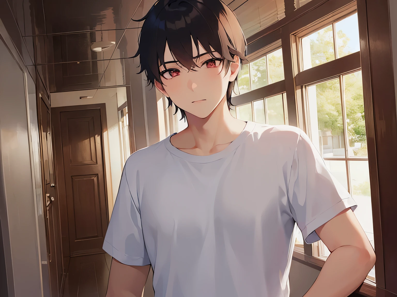 masterpiece、highest quality、(25 year old male:1.5) and (brown short hair) and (red eyes), wearing a plain white T-shirt、confused、(embarrassed:1.2), The background is the hallway inside the house、(Alone:1.5)、Upper body is shown、