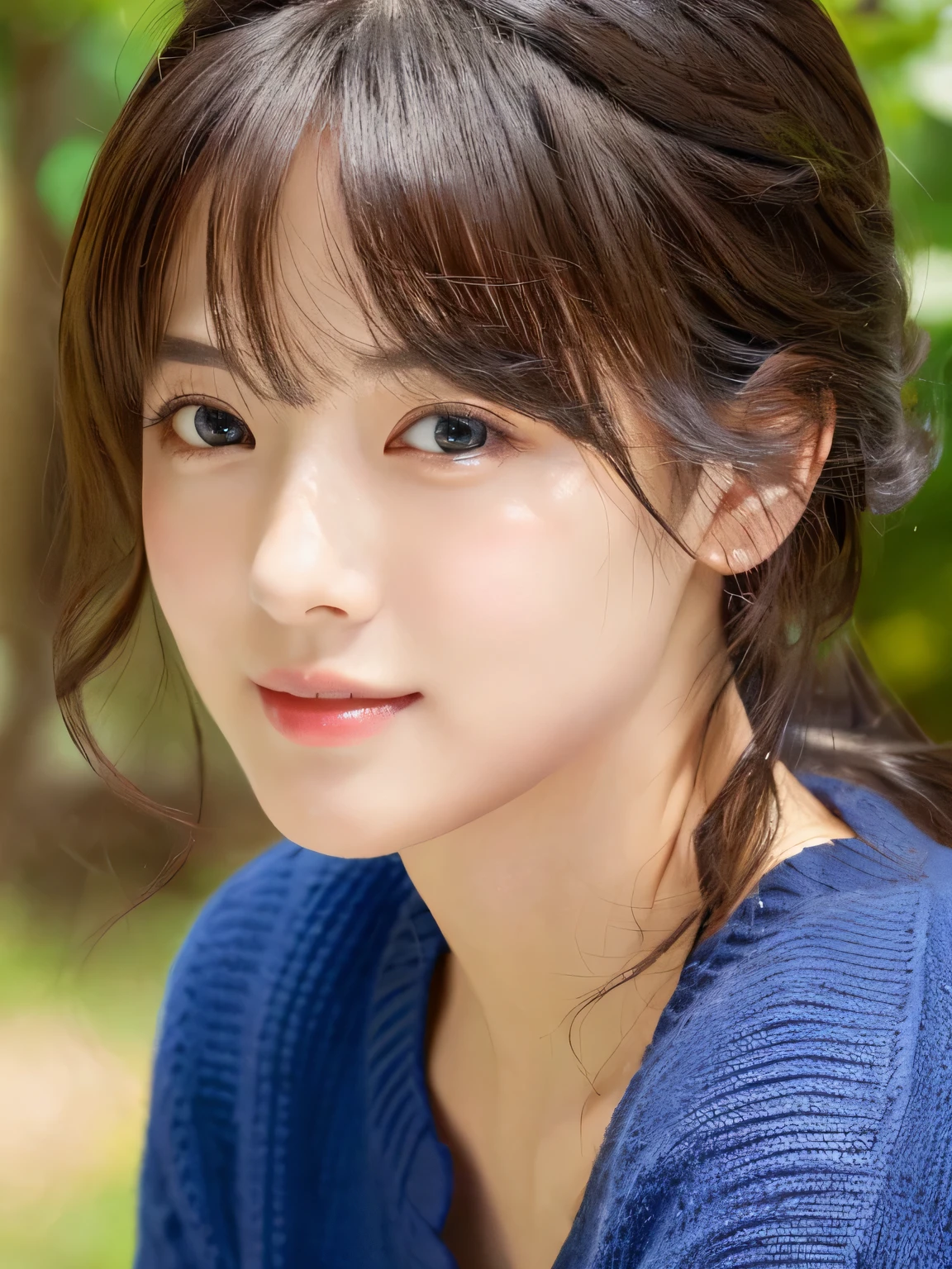 (((32k,high details,high detail、masterpiece,attention to detail,alone))),Raw photo & realistic atmosphere,beautiful dark blue eyes,detailed mouth,glossy lips,thin eyebrows,fine eyes、Soft white skin that shines in every detail、sheの深い黒色の目はとても美しいです,lip details、very beautiful face,very well-shaped face、lifelike face,shining beautiful lips,beautiful eyebrows,infinite reality, Realistic 若手idol sculpture,she'she'she'she'she'she'she'she'very cute woman , idol sculpture, 若手idol sculpture, とても美しくてかわいい22 year old beauty,incredibly beautiful and classy,22 year old beauty,natural soft light,(shiny hair,,Beautiful and kind eyes:1.5),gentle smile,well-shaped chest,long hair,beautiful posture,no makeup,