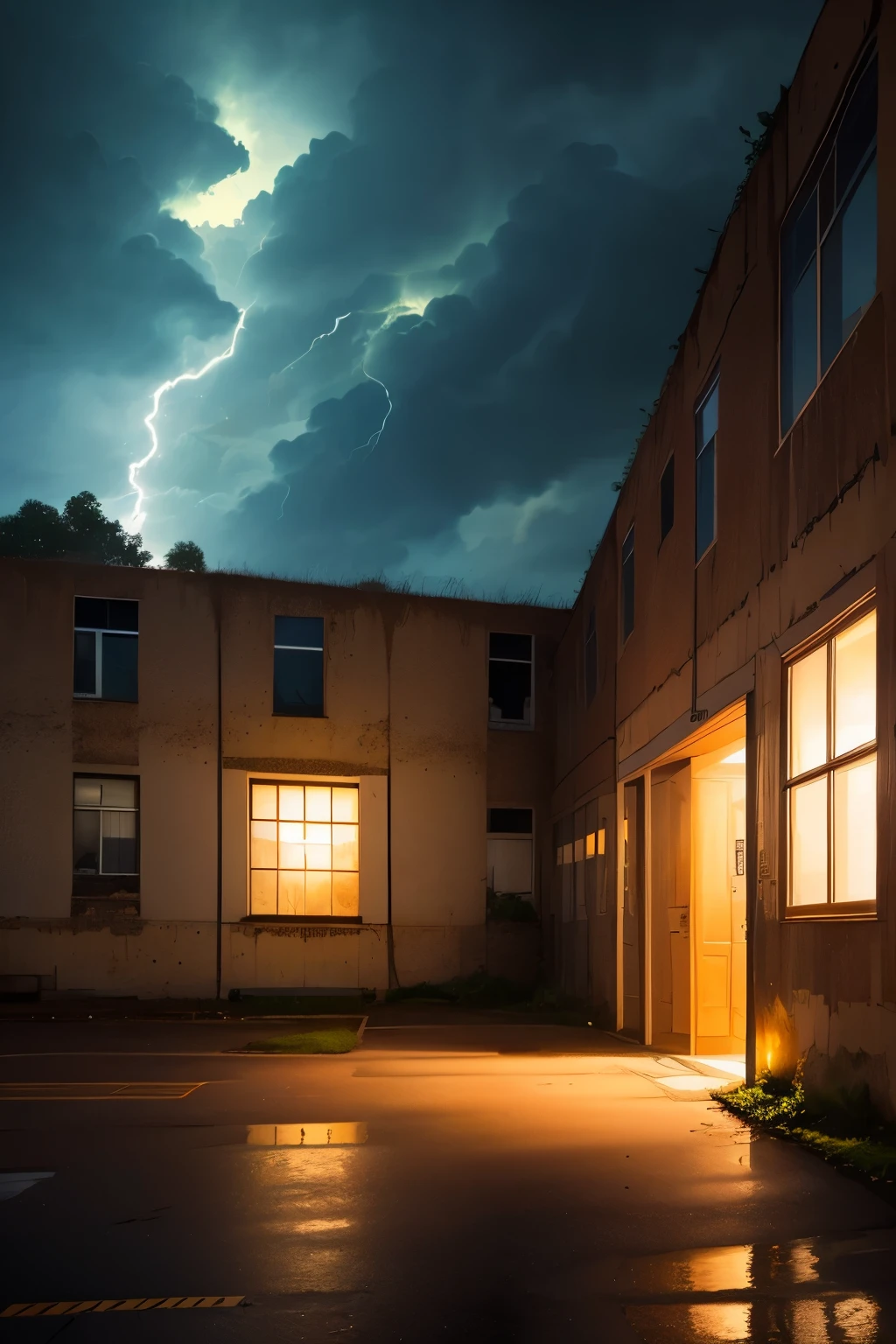 ((best quality)), ((masterpiece)), (detailed), Intimidating mental hospital, light from the windows, night, stormy sky