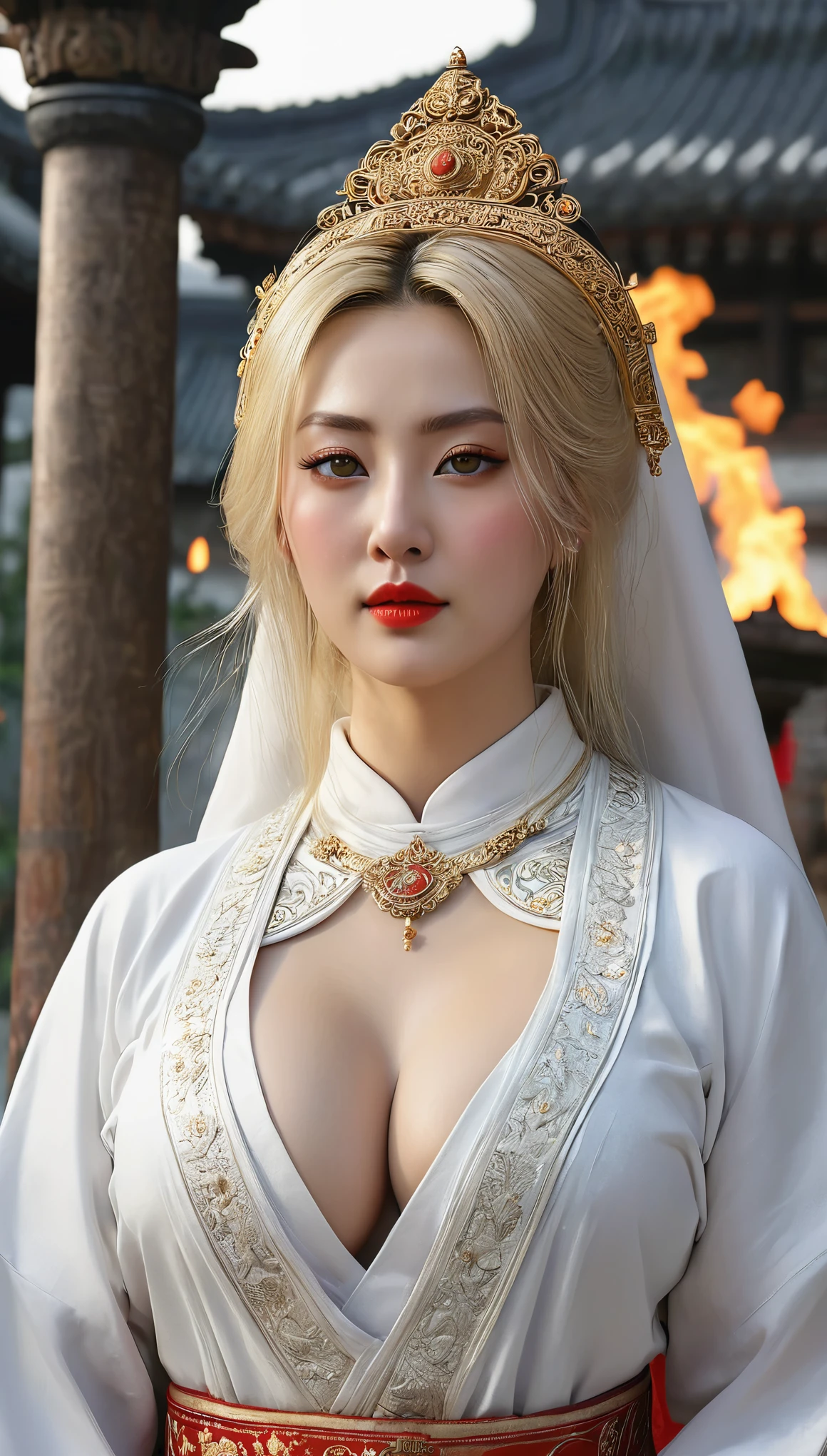 (((hyper real)))、(((30 year old white female monk in ancient Europe)))、(((beautiful female priest))) Mature middle-aged woman、((big big tits)) 、Fine skin texture、beautiful plump middle-aged woman、(fine green eyes)、Blonde fluffy long hair、{(ancient ornate and luxurious temple)、(many torches are burning)}、(((big cleavage)))、big ass、red lips、(((luxurious costumes and luxurious accessories)))、