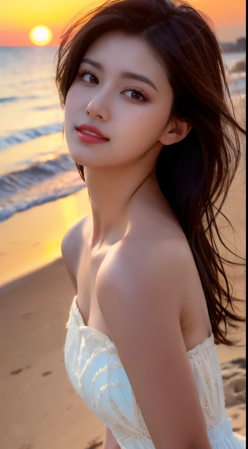 Mustepiece, top quality, illustration, ultra-definition, fine details, high resolution, 8K wallpaper, perfect dynamic composition, beautiful detailed eyes, wearing a dress, natural color lips, beach, random cute pose, perfect and beautiful face , cute, sexy face, sunset, feminine face