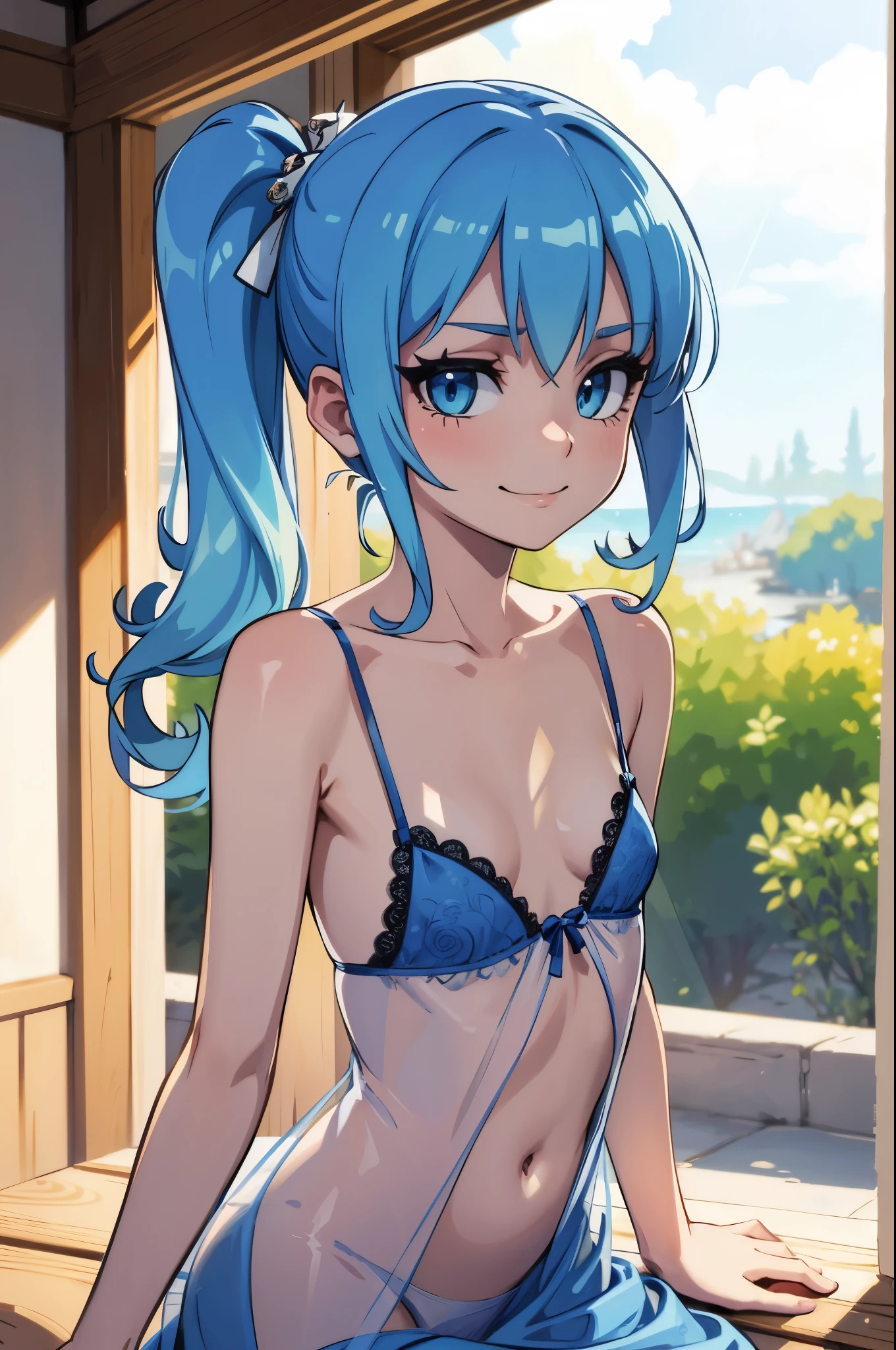 masterpiece, best quality, ultra-detailed, illustration, colorful, flat color, depth of field, lens flare, 1girl, suisei hoshimachi, blue hair, blue eyes, side ponytail, (hair ornament), anime, (closeup), detailed skin texture, beautiful detailed face, (transparent nightgown), nipples, navel, seductive smile, alluring attire, collarbone, (small breasts), (flat chest), (slender)
