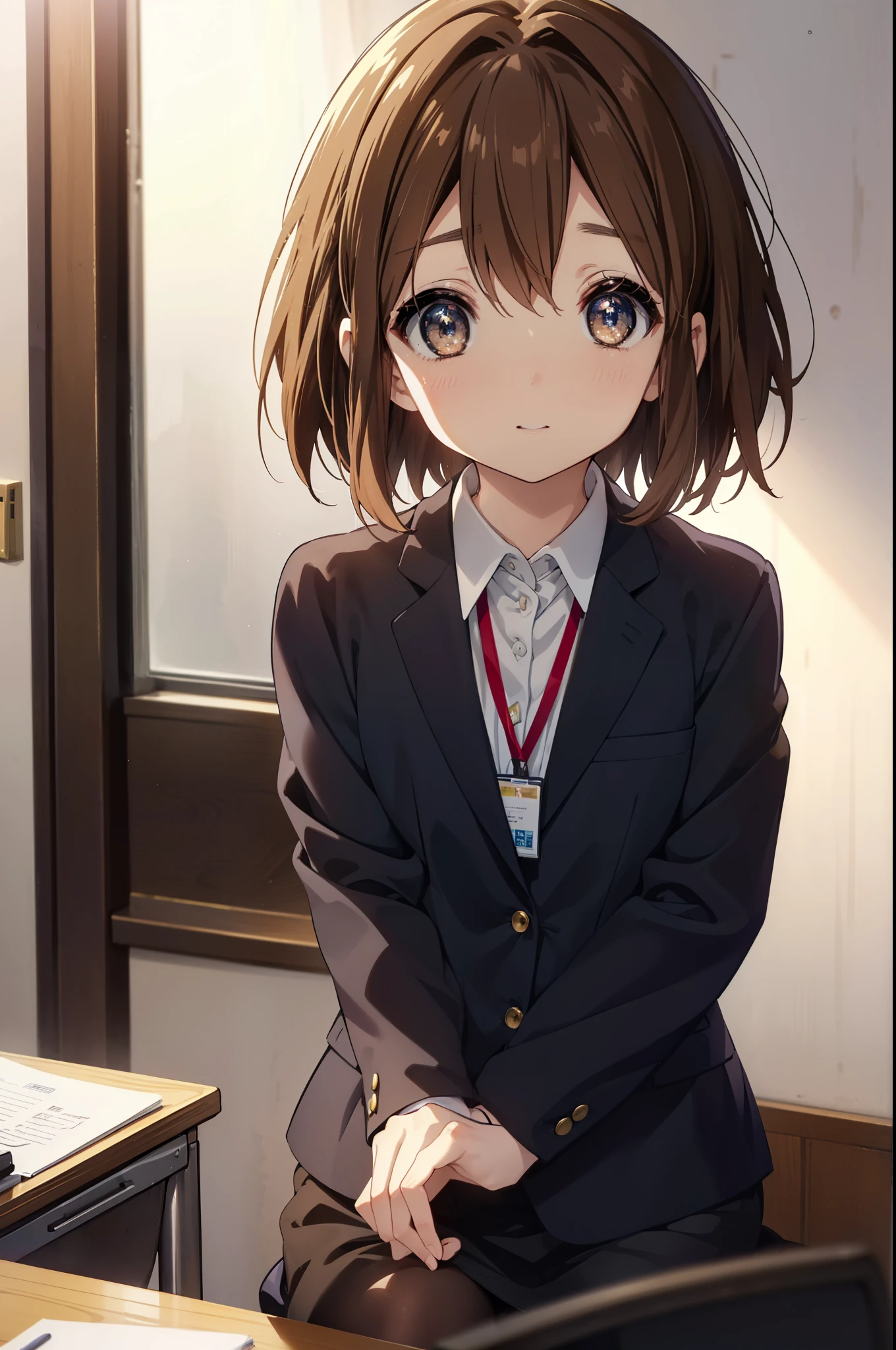 yuihirasawa, yui hirasawa, short hair, brown hair, hair ornaments, (brown eyes:1.5), hair clip、OL, Black Abyss glasses, end, black suit jacket, collared jacket, white dress shirt, collared shirt, neckline, button, strap, ID card on neck, black pencil skirt, black pantyhose, stiletto heels,sitting cross-legged on a chair,There is a computer on the desk.,smile, blush, 視聴者を見ている
break indoors, classroom,
break looking at viewer, (cowboy shot:1.5),
break (masterpiece:1.2), highest quality, High resolution, unity 8k wallpaper, (figure:0.8), (detailed and beautiful eyes:1.6), highly detailed face, perfect lighting, Very detailed CG, (perfect hands, perfect ???????),