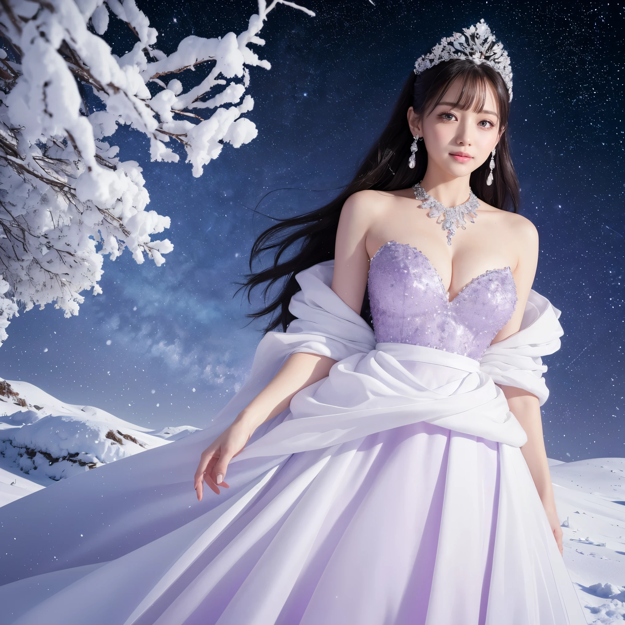 ((highest quality、table top、8K、best image quality、extremely complex and detailed depiction))、The most luxurious and highest quality giant tiara、The most luxurious and highest quality giant necklace、Yukihime、(雄大で美しいsnow forestの中で:1.1)、big and full ???????、skin as white as snow、glowing skin、perfect purple and white gradient dress、purple and white dress encrusted with jewels、purple and white dress、Elegant and beautiful purple and white high-end dress、elegant decoration、Diamond decoration、artistic decoration、dress with lots of jewels、Luxury beyond imagination、the most luxurious decoration in the world、shining snow、Shining blizzard、Fantastic snowscape、Snow like a jewel、Diamond dust、The most realistic and complex background、Highly detailed and realistic background、smile looking at me、(pure white skin:1.1)、Pure white makeup、(accurate ???????:1.1)、Photo above the waist、キラキラと微細にshining snow、epic movie lighting、the most delicate sparkle of snow、tree covered with snow々、beautiful tree covered in snow々、(美しいfantastic starry sky:1.2)、fantastic starry sky、starry sky in snowy mountains、It's snowing、snow forest、(There is a beautiful clear pond in the distance.:1.2)、jade eyes、(the most fantastic and romantic:1.1)、blurred background、portrait photography