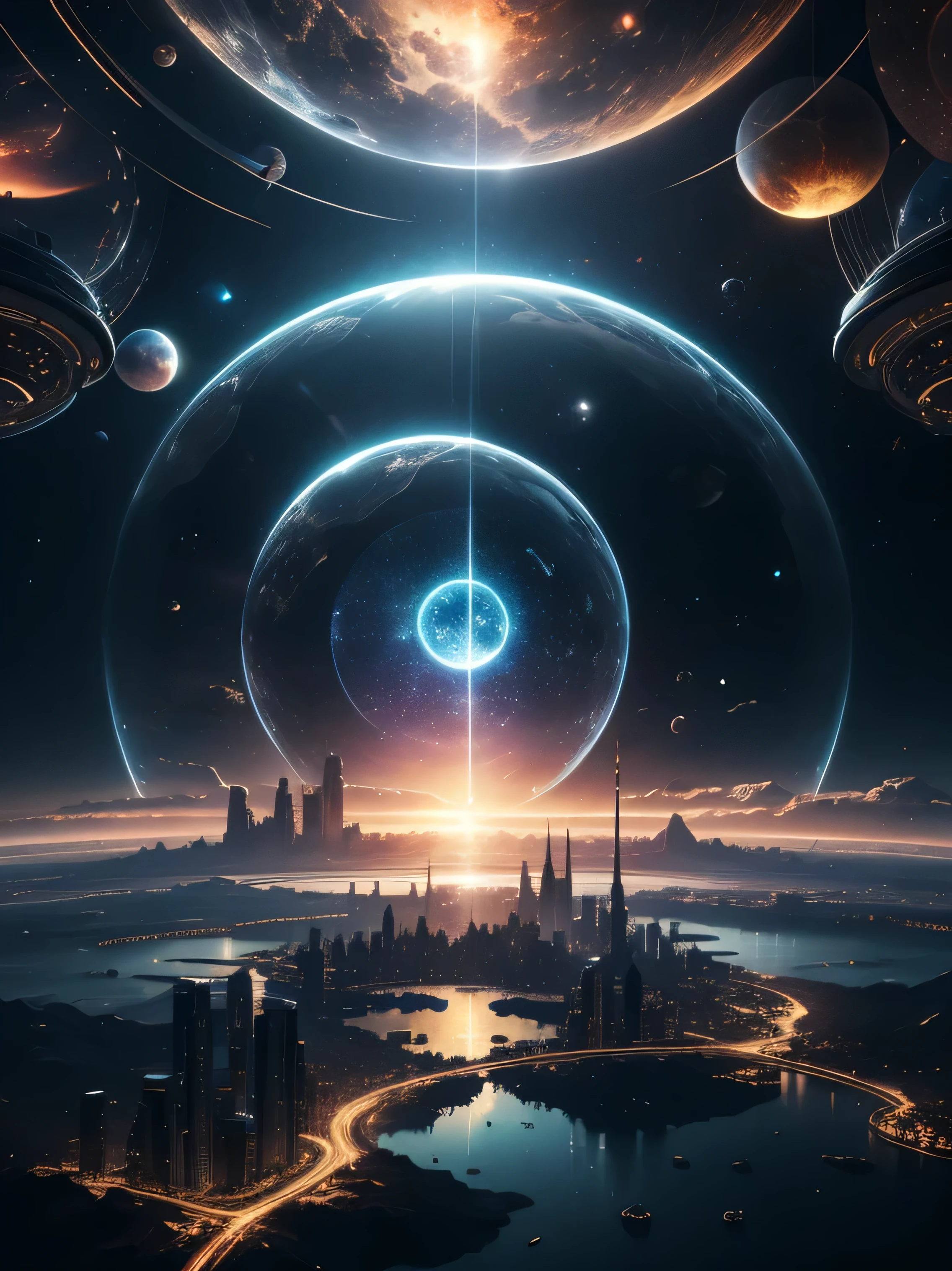 Science fiction, city in the shape of a circle, glass dome, en el espacio cerca de un gran planeta, ver a 200 metros, ultra detalles, 4k, sol deslumbrante,