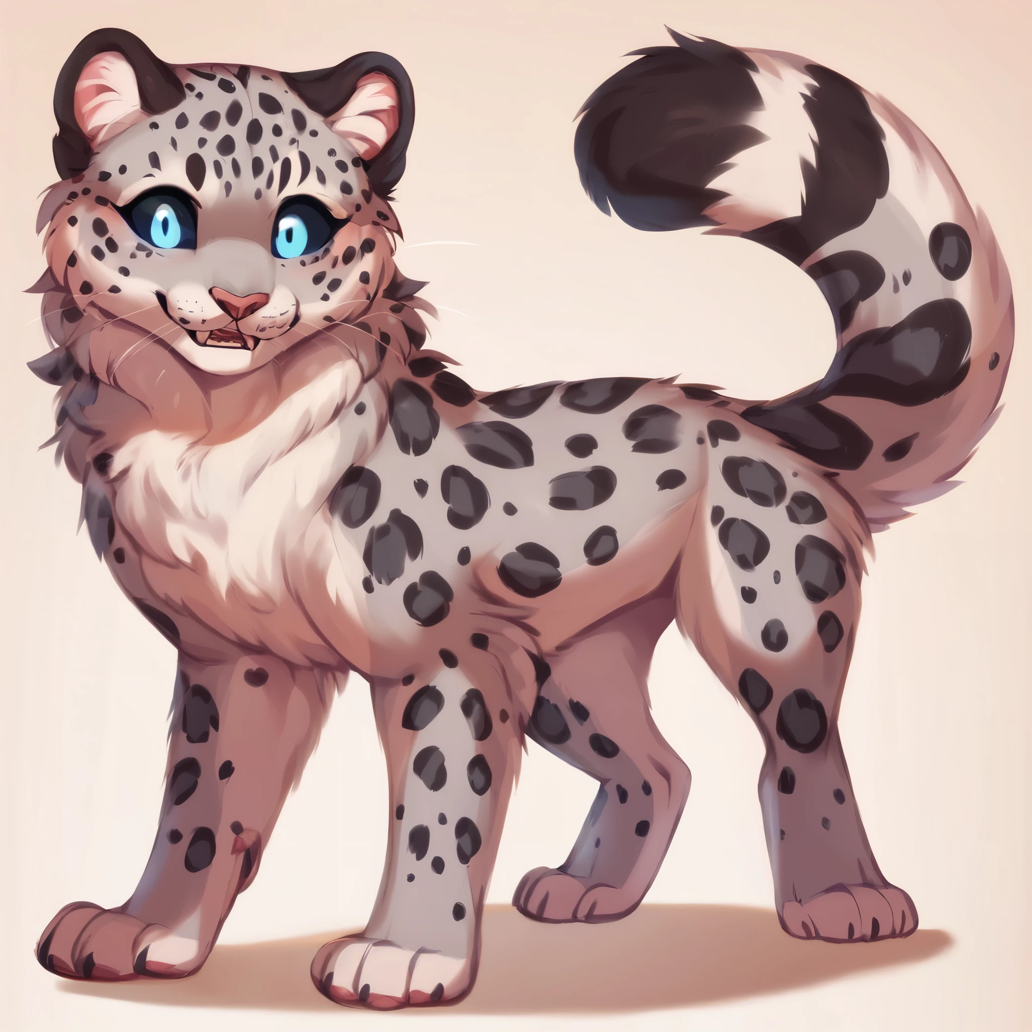 score_9, score_8_up, score_7_up, score_6_up, score_5_up, score_4_up, show accurate, full body, simple background, solo, feral snow leopard, (panthera uncia), female snow leopard, teenage snow leopard, adorable face, standing on all fours, black sclera, sapphire blue eyes, bright eyes, playful look, overflowing emotion,