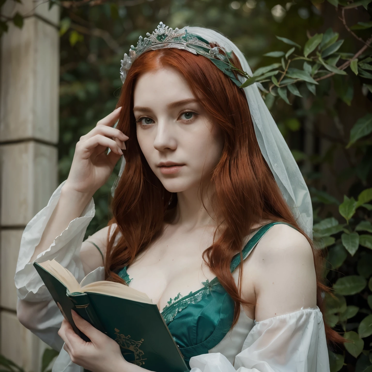 (capa de fanfic') , ( title "The ghost princess is not a witch with long red hair") , (Protagonist with pale skin, cabelos castanhos e curtos), (is writing in a book) , (vel cobrindo seu rosto e cabelo) , (longo vestido justo e verde e escuro)