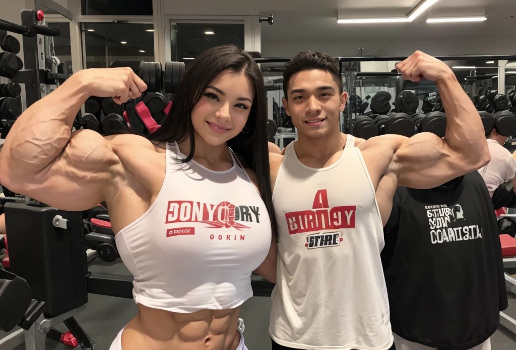 female bodybuilder has bigger muscles than man standing next to her