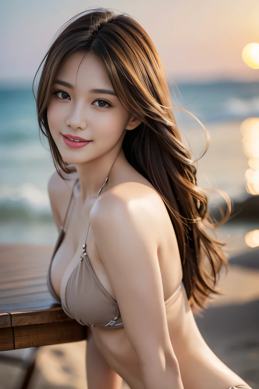 table top, highest quality, realistic, Super detailed, finely, High resolution, 8k wallpaper, 1 beautiful woman,, Light brown long hair,wearing a bikini, sharp focus, perfect dynamic composition, beautiful and detailed eyes, thin hair, Detailed realistic skin texture, smile, model body shape,whole body