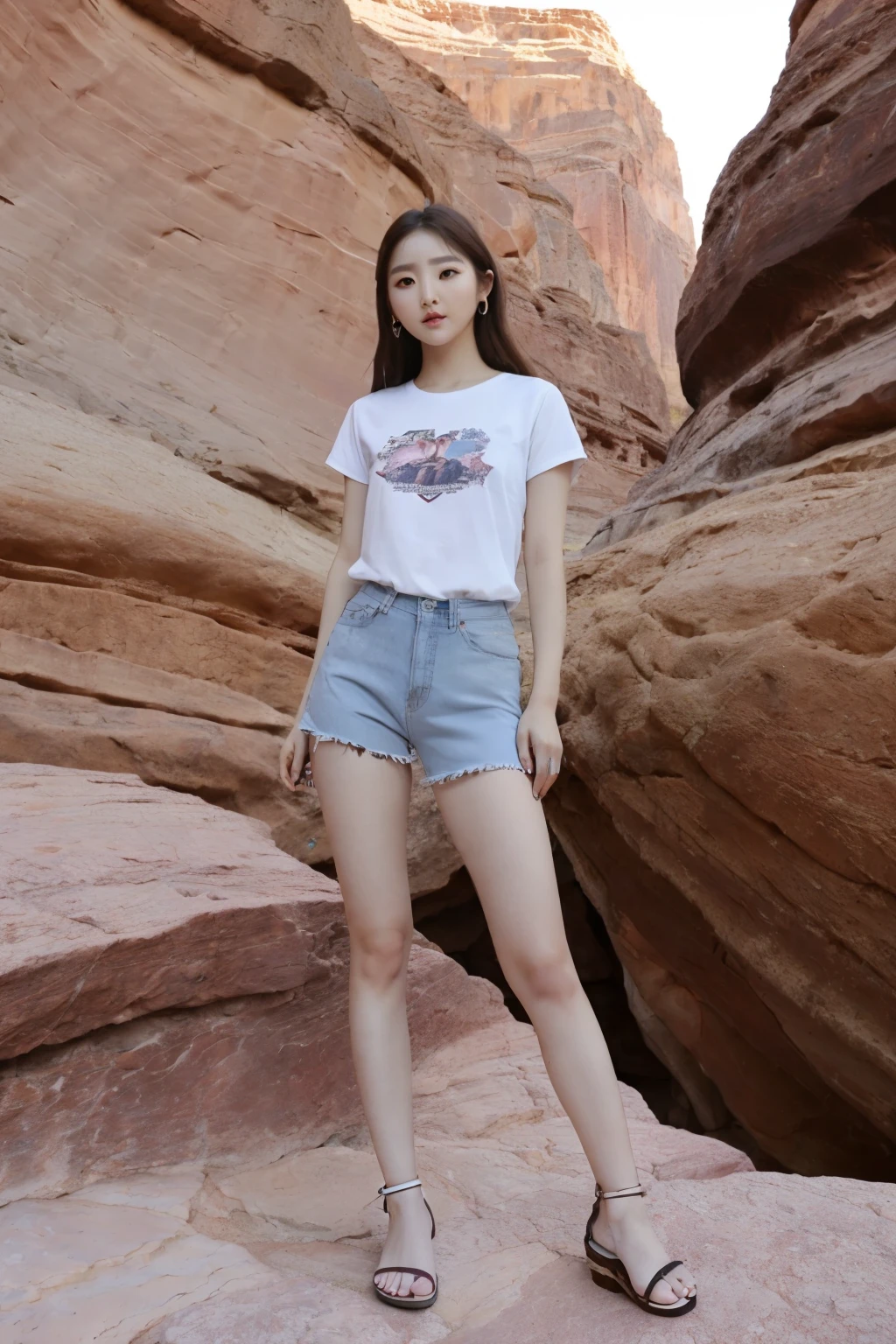 lleno_Cuerpo, de pie, sandalias, camiseta, bermudas, Grand Canyon, (roca_chae_eun: 1.1), cara perfecta, (contacto iris: 1.1), pale skin, poros de la piel , profundidad de campo