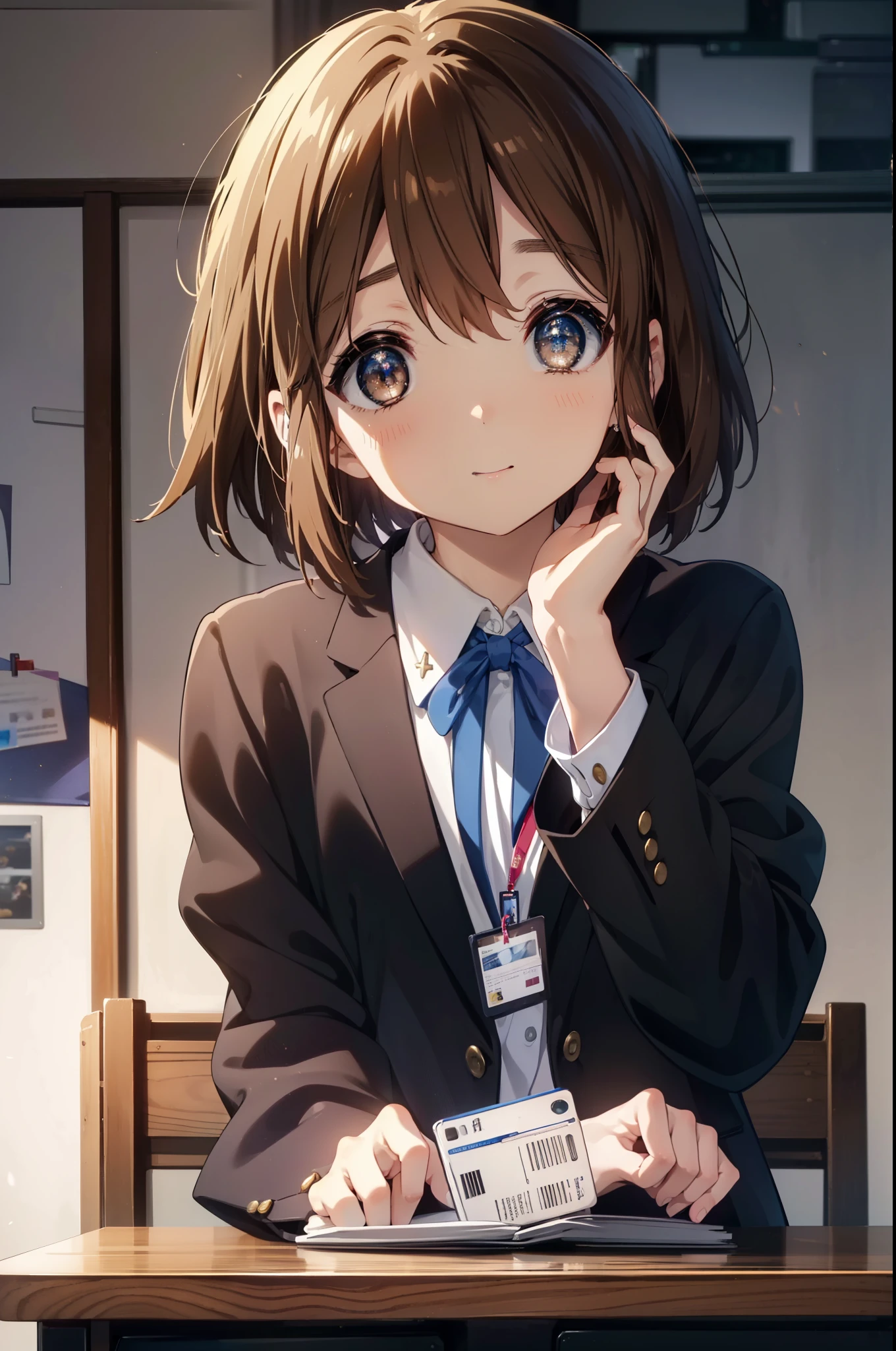yuihirasawa, yui hirasawa, short hair, brown hair, hair ornaments, (brown eyes:1.5), hair clip、OL, Black Abyss glasses, end, black suit jacket, collared jacket, white dress shirt, collared shirt, neckline, button, strap, ID card on neck, black pencil skirt, black pantyhose, stiletto heels,sitting cross-legged on a chair,There is a computer on the desk.,smile, blush, 視聴者を見ている
break indoors, classroom,
break looking at viewer, (cowboy shot:1.5),
break (masterpiece:1.2), highest quality, High resolution, unity 8k wallpaper, (figure:0.8), (detailed and beautiful eyes:1.6), highly detailed face, perfect lighting, Very detailed CG, (perfect hands, perfect anatomy),