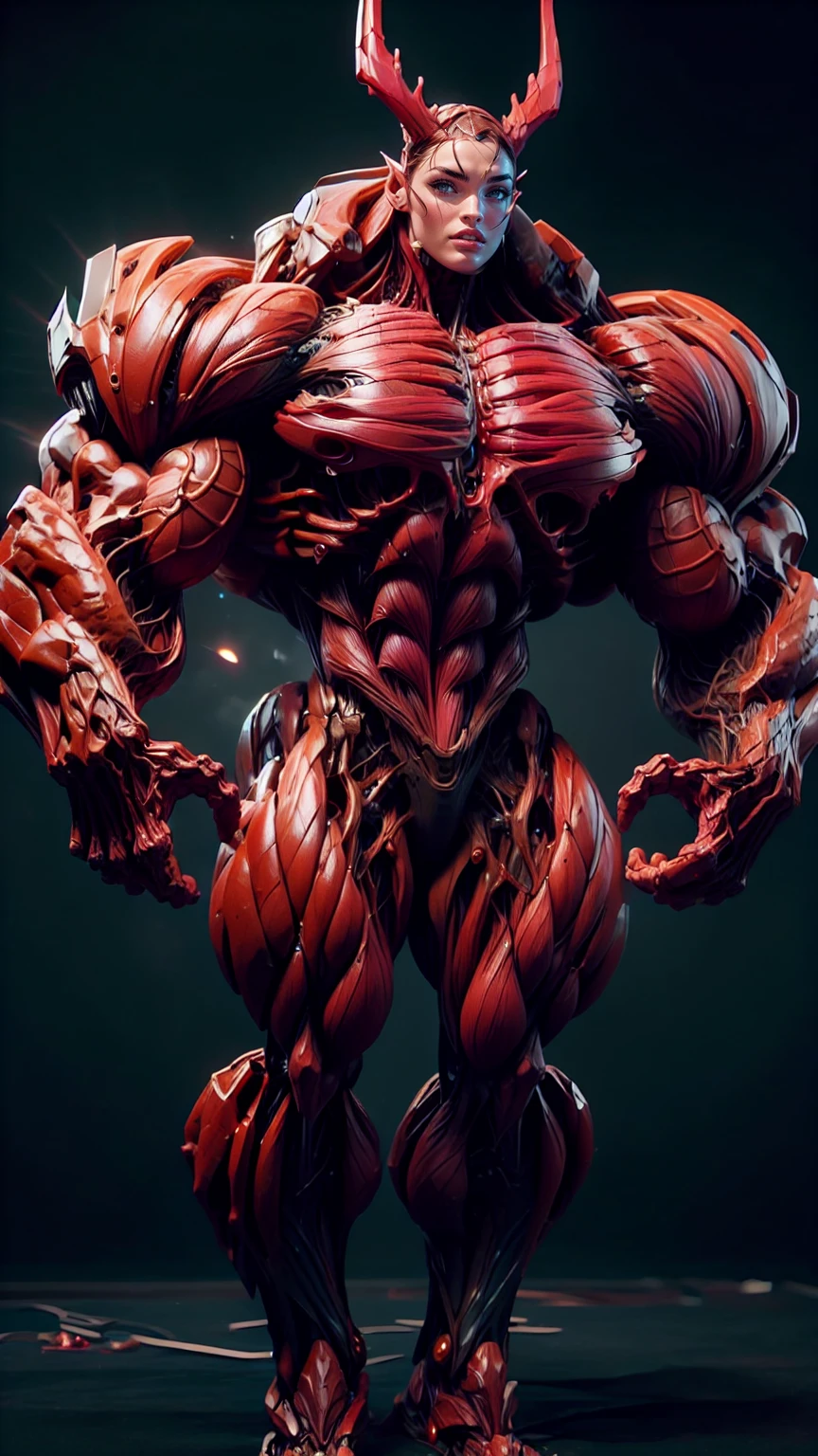 Cinematic, clear facial features and insanely detailed, the image captures the essence of (1 girl), (megan fox:1.25), (long red hair), (carnage skinless physique:1.25), (1 super muscular undead skinless succubus with gigantic horns:1.25), (covered in red necrotic rotting skinless muscle:1.25), (exposed muscles & veins everywhere:1.25), (perfect fingers:1.25) (full body pose:1.25). The color grading is beautifully done, enhancing the overall cinematic feel. Unreal Engine makes her appearance even more mesmerizing. With depth of field (DOF), every detail is focused and accentuated, drawing attention to her eyes and hair. Peak image resolution utilizing super-resolution technology ensures pixel perfection. Cinematic lighting enhances her aura, while anti-aliasing techniques like FXAA and TXAA keep the edges smooth and clean. Adding realism to the muscular bio-mecha succubus , RTX technology enables ray tracing. Additionally, SSAO (Screen Space Ambient Occlusion) gives depth and realism to the scene, the girl's presence even more convincing. In the post-processing and post-production stages, tone mapping enhances the colors, creating a captivating visual experience. The integration of CGI (Computer-Generated Imagery) and VFX (Visual Effects brings out her demonic features seamlessly . Incredible level of detail, with intricate elements meticulously crafted, the artwork hyper maximalist and hyper-realistic. Volumetric effects add depth and dimension, with unparalleled photorealism. 8k resolution rendering ensures super detailed visuals. The volumetric lighting adds a touch of magic, highlighting her beauty and aura in an otherworldly way. High Dynamic Range (HDR) tech makes the colors pop, adding richness to the overall composition. Ultimately, this artwork presents an unreal, yet stunningly real portrayal of an incredibly beautiful bio-mecha succubus girl. The sharp focus ensures that every feature is crisply defined, creating a captivating presence. (girl face:1.45)