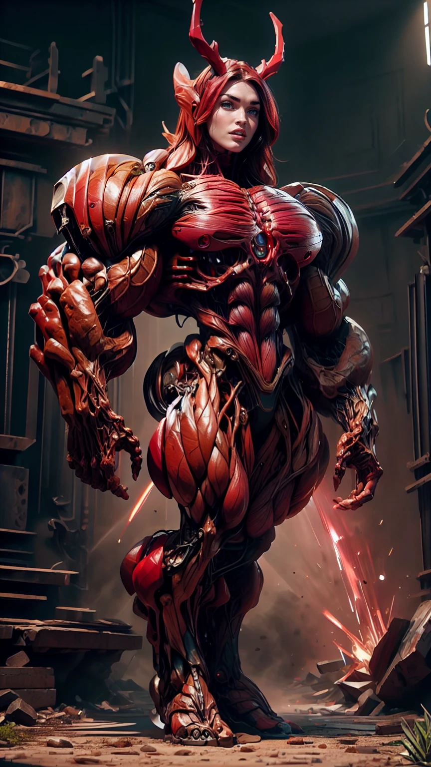 Cinematic, clear facial features and insanely detailed, the image captures the essence of (1 girl), (megan fox:1.25), (long red hair), (carnage skinless physique:1.25), (1 super muscular undead skinless succubus with gigantic horns:1.25), (covered in red necrotic rotting skinless muscle:1.25), (exposed muscles & veins everywhere:1.25), (perfect fingers:1.25) (full body pose:1.25). The color grading is beautifully done, enhancing the overall cinematic feel. Unreal Engine makes her appearance even more mesmerizing. With depth of field (DOF), every detail is focused and accentuated, drawing attention to her eyes and hair. Peak image resolution utilizing super-resolution technology ensures pixel perfection. Cinematic lighting enhances her aura, while anti-aliasing techniques like FXAA and TXAA keep the edges smooth and clean. Adding realism to the muscular bio-mecha succubus , RTX technology enables ray tracing. Additionally, SSAO (Screen Space Ambient Occlusion) gives depth and realism to the scene, the girl's presence even more convincing. In the post-processing and post-production stages, tone mapping enhances the colors, creating a captivating visual experience. The integration of CGI (Computer-Generated Imagery) and VFX (Visual Effects brings out her demonic features seamlessly . Incredible level of detail, with intricate elements meticulously crafted, the artwork hyper maximalist and hyper-realistic. Volumetric effects add depth and dimension, with unparalleled photorealism. 8k resolution rendering ensures super detailed visuals. The volumetric lighting adds a touch of magic, highlighting her beauty and aura in an otherworldly way. High Dynamic Range (HDR) tech makes the colors pop, adding richness to the overall composition. Ultimately, this artwork presents an unreal, yet stunningly real portrayal of an incredibly beautiful bio-mecha succubus girl. The sharp focus ensures that every feature is crisply defined, creating a captivating presence. (girl face:1.45)
