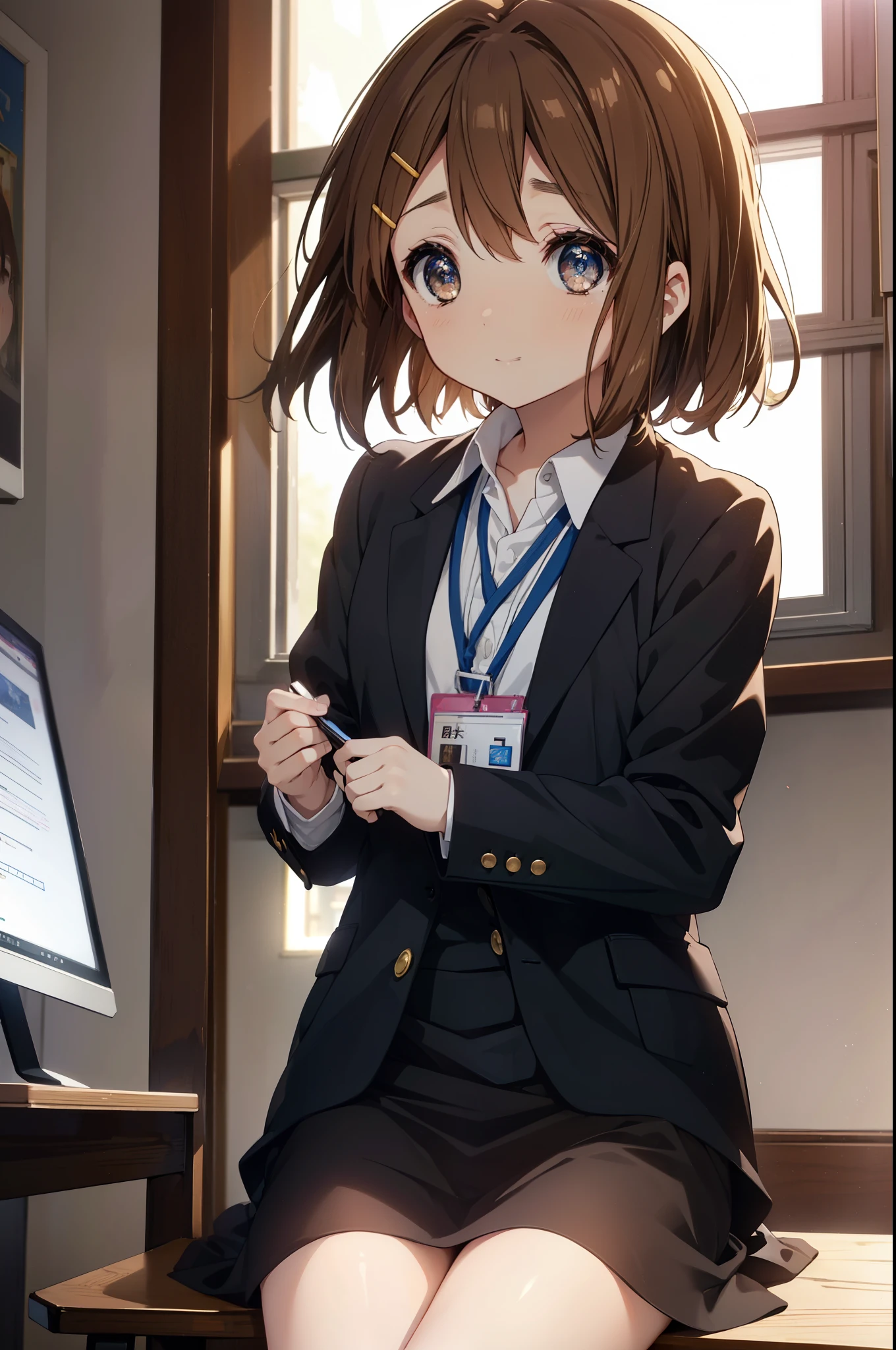 yuihirasawa, yui hirasawa, short hair, brown hair, hair ornaments, (brown eyes:1.5), hair clip、OL, Black Abyss glasses, end, black suit jacket, collared jacket, white dress shirt, collared shirt, neckline, button, strap, ID card on neck, black pencil skirt, black pantyhose, stiletto heels,sitting cross-legged on a chair,There is a computer on the desk.,smile, blush, 視聴者を見ている
break indoors,office,
break looking at viewer, (cowboy shot:1.5),
break (masterpiece:1.2), highest quality, High resolution, unity 8k wallpaper, (figure:0.8), (detailed and beautiful eyes:1.6), highly detailed face, perfect lighting, Very detailed CG, (perfect hands, perfect anatomy),