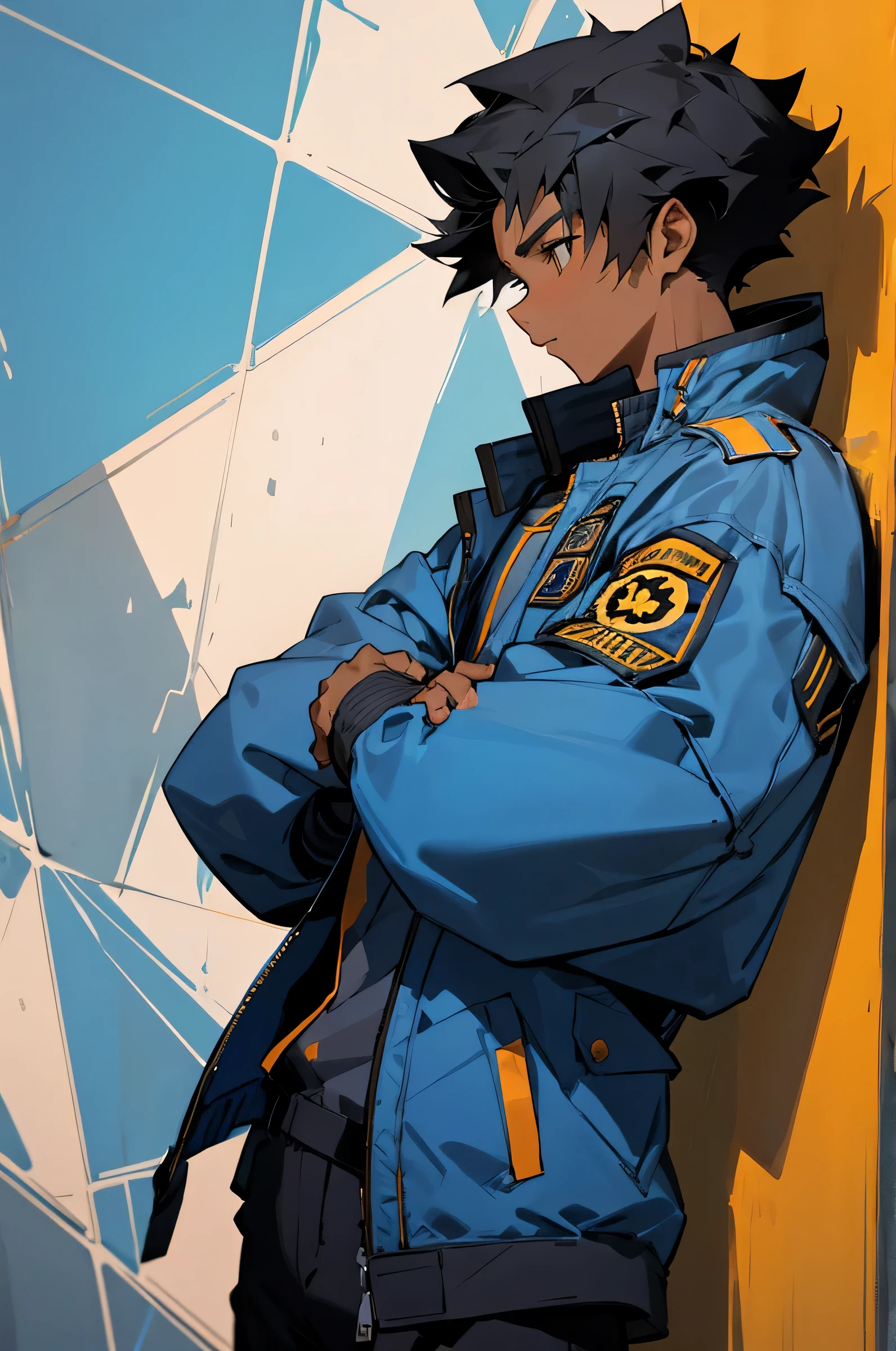 1male,young adult, Black hair, african american,jet jacket, school background, Blue jacket, tall, lean on wall