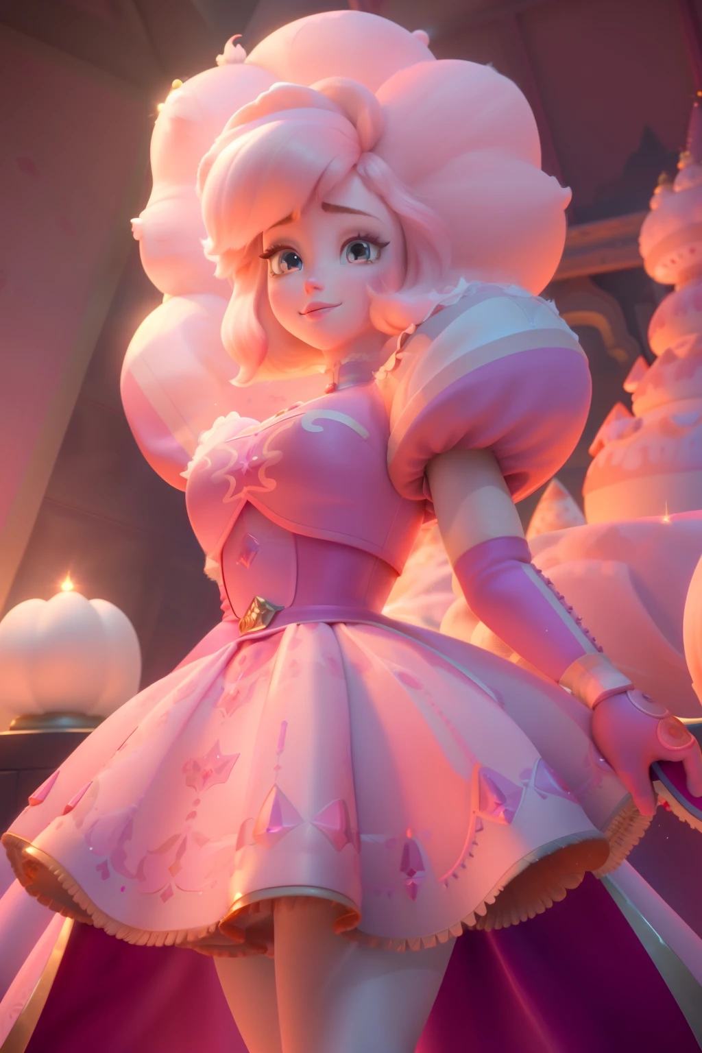 pnkdamond, pink hair, pink eyes,  big hair,  stomach gem,  pink skin,  toned, 
puffy short sleeves, elbow gloves ,  white thighhighs,   puffy dress, 
standing, upper body, 
 outerspace,  
(insanely detailed, beautiful detailed face,beautiful detailed eyes, masterpiece, best quality) cinematic lighting,  smile, 
 