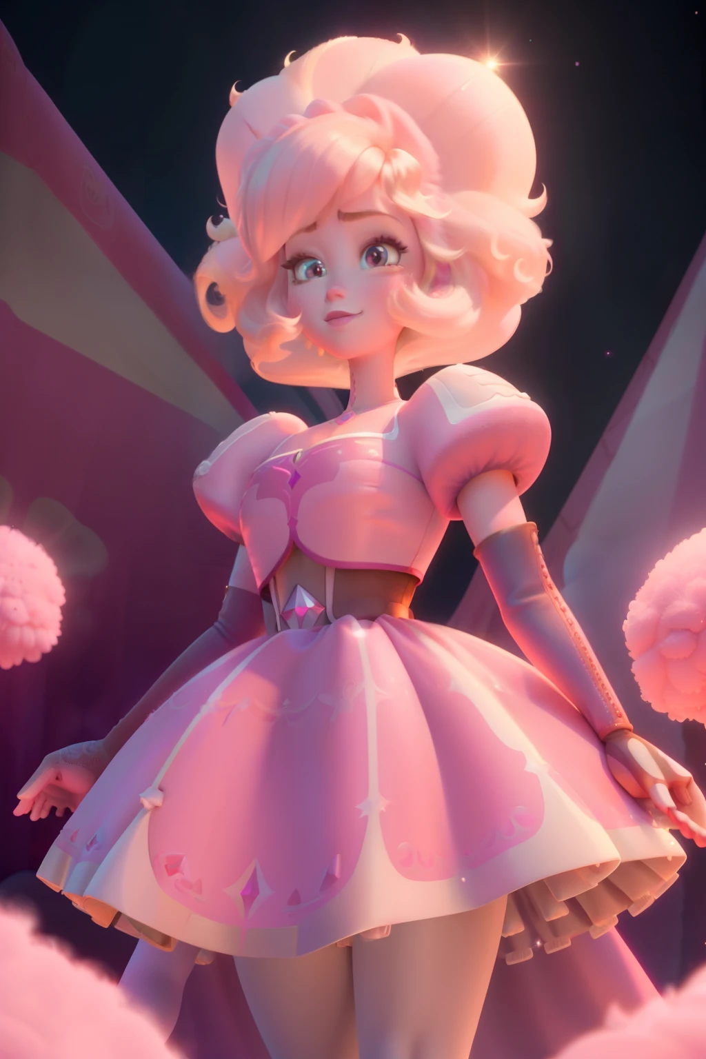 pnkdamond, pink hair, pink eyes,  big hair,  stomach gem,  pink skin,  toned, 
puffy short sleeves, elbow gloves ,  white thighhighs,   puffy dress, 
standing, upper body, 
 outerspace,  
(insanely detailed, beautiful detailed face,beautiful detailed eyes, masterpiece, best quality) cinematic lighting,  smile, 
 