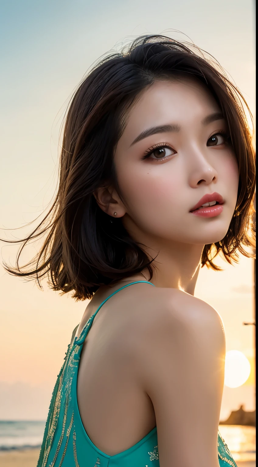 Mustepiece, top quality, illustration, ultra-definition, fine details, high resolution, 8K wallpaper, perfect dynamic composition, beautiful detailed eyes, wearing a dress, natural color lips, beach, random cute pose, perfect and beautiful face , cute, sexy face, sunset, feminine face