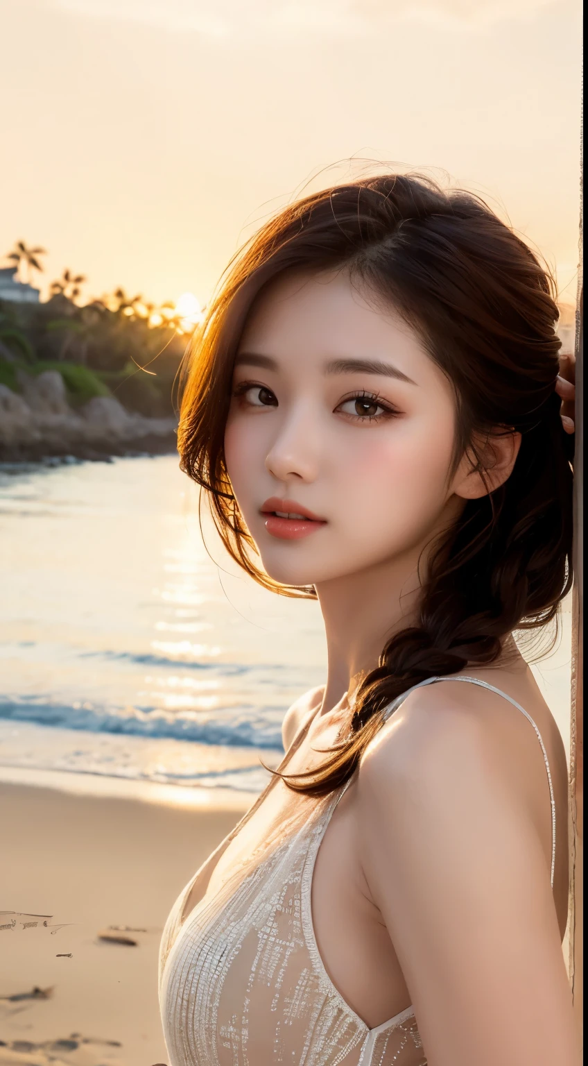 Mustepiece, top quality, illustration, ultra-definition, fine details, high resolution, 8K wallpaper, perfect dynamic composition, beautiful detailed eyes, wearing a dress, natural color lips, beach, random cute pose, perfect and beautiful face , cute, sexy face, sunset, feminine face