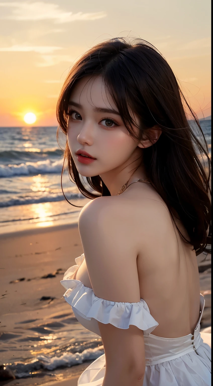Mustepiece, top quality, illustration, ultra-definition, fine details, high resolution, 8K wallpaper, perfect dynamic composition, beautiful detailed eyes, wearing a dress, natural color lips, beach, random cute pose, perfect and beautiful face , cute, sexy face, sunset, feminine face