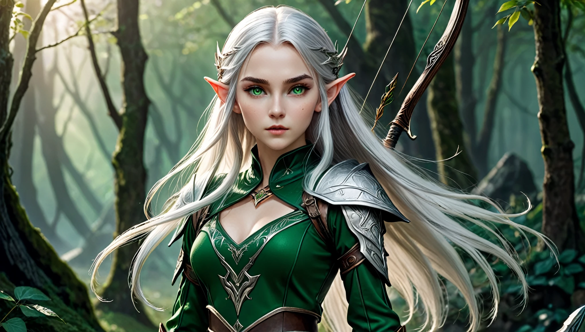 (master piece), 8k, best quality, panoramic view, full body, Elf, young, 17 years old, with slightly flushed white skin, subtly contrasting with her long, silver hair. Her body was slim and athletic, with a height of 168cm. Her green eyes, detailed warrior outfit, holds a war bow with rune writing,