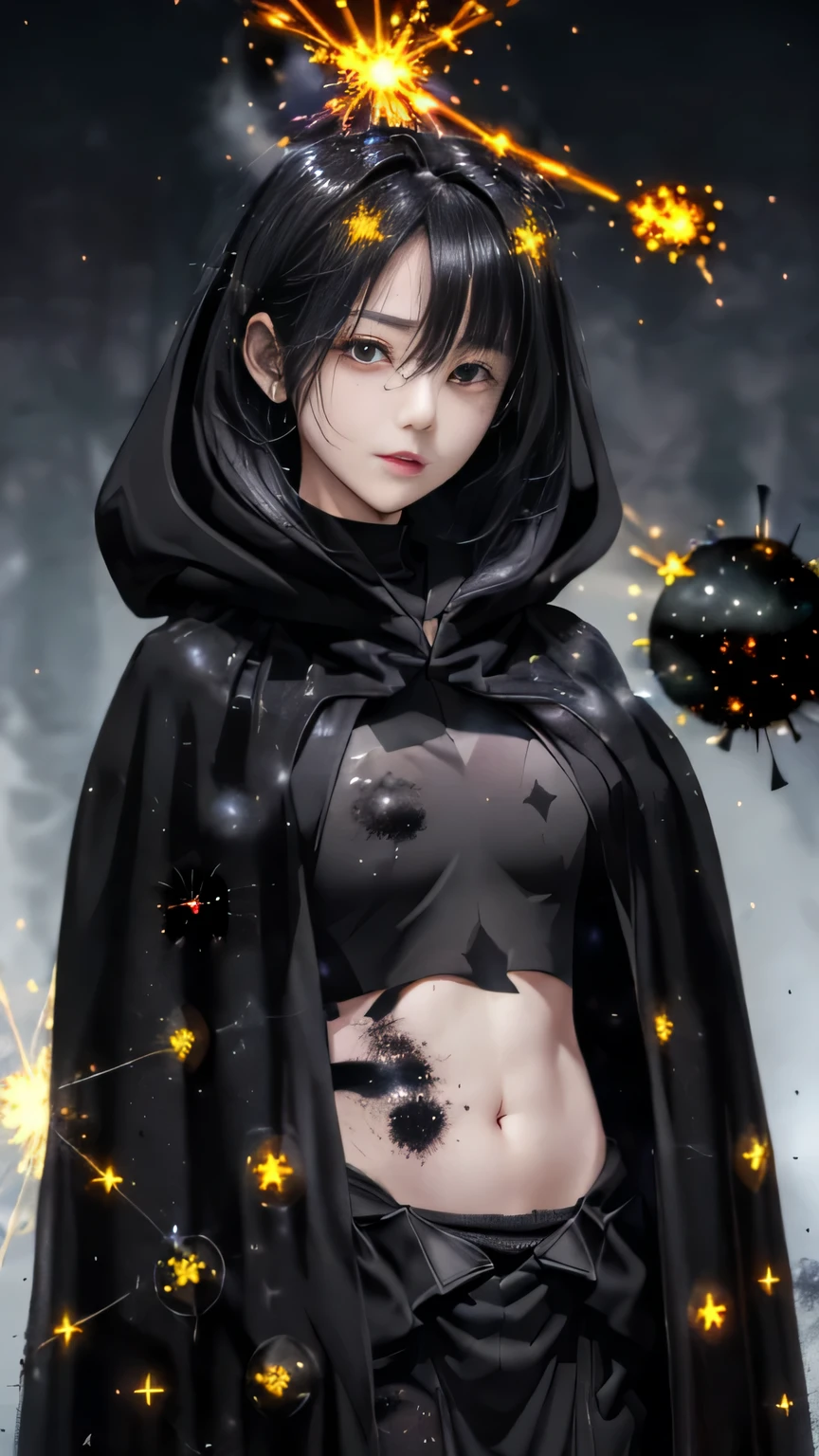 (((masterpiece))),((highest quality)),one beautiful japanese girl,pale, (A character who personifies darkness: 1.5), (My hair turns into a black mist and envelops my entire body..:1.5)、(((hair is black particles:1.5)))、(belly button)、(A glimpse of white skin can be seen through the black mist that covers the body..:1.5),(private server), (exposure of skin),(The background is wasteland 1.5).(((from the front:1.5)))、(straight front: 1.5)、(((black particle cloak:1.5)))