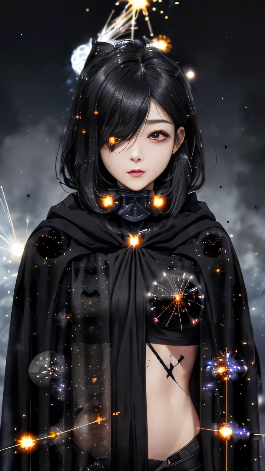 (((masterpiece))),((highest quality)),one beautiful japanese girl,pale, (A character who personifies darkness: 1.5), (My hair turns into a black mist and envelops my entire body..:1.5)、(((hair is black particles:1.5)))、(belly button)、(A glimpse of white skin can be seen through the black mist that covers the body..:1.5),(private server), (exposure of skin),(The background is wasteland 1.5).(((from the front:1.5)))、(straight front: 1.5)、(((black particle cloak:1.5)))