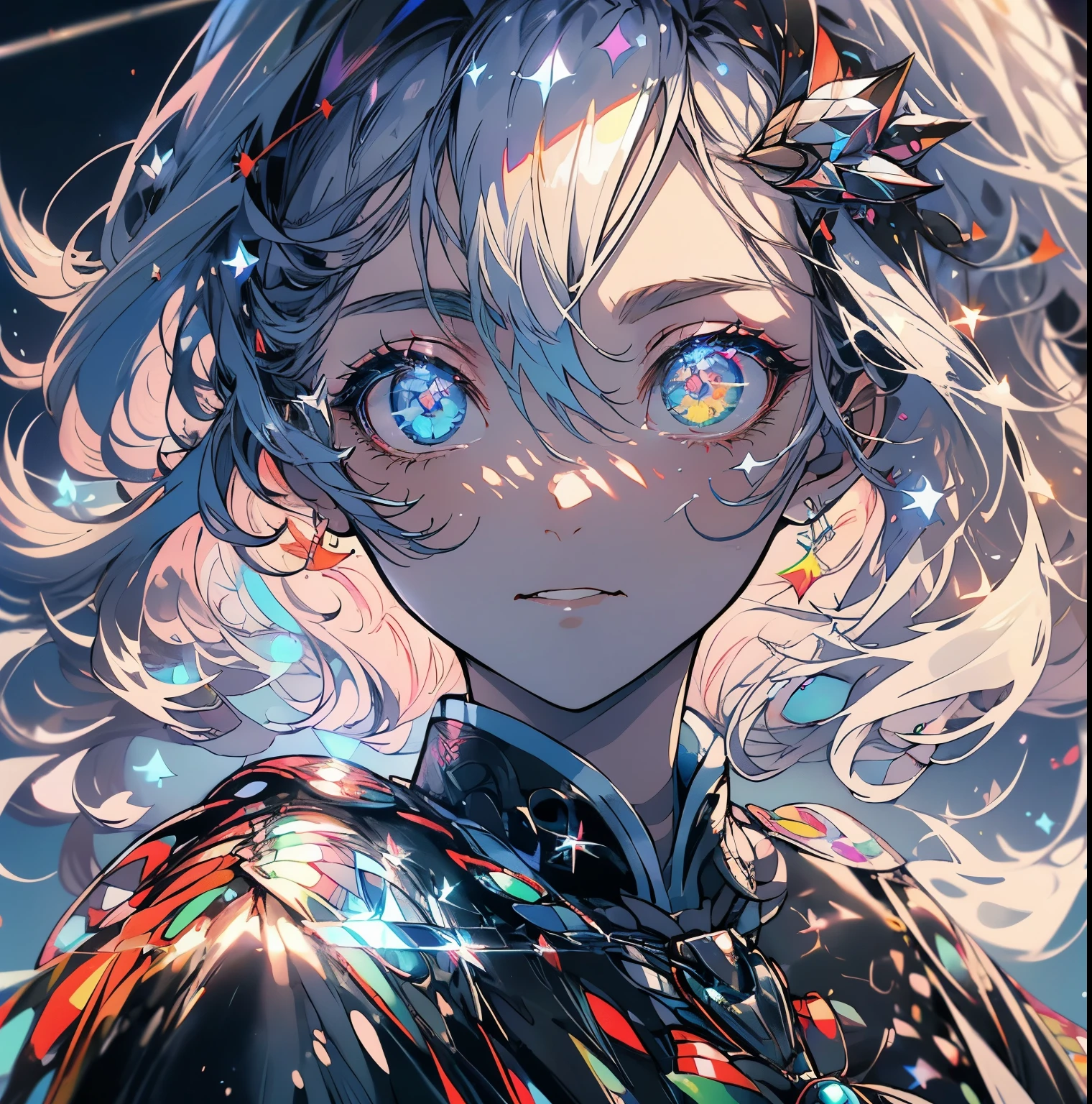 ((masterpiece、top-quality、Watercolor art(Pendants)、Official art、Beautifully Aesthetic:1.2))、(the golden ratio:1.2)、(ultra-detailliert:1.3)、(1boy in:1.3)、(Fractal Art:1.3)、full body Esbian、((Glitter pupils))、patterns、((rainbow-colored hair、colourful hair、Half silver and half white:1.2))、colourfull、Writing、(heterochromia iridis、pink right eye and green left eye)、(colourfull:1.5)、((Shy face))、(Hyper-detailing), ((delicate detail)), (intricate detailes), ((ciinematic light, best quality backlight)), highcontrast, ((The best lighting, extremely delicate and beautiful)), ((ciinematic light))、(ray trace reflection、brilliance)、((glowing aura))、((Radiant hair))、((The ultra-detailliert))、((8K))、((write))、Delicate beautiful face and eyes,Focus on Face, masterpiece,Shock sensation、(realisitic:0.5)、Original 2 High Saturation、((Neat and clean woman))、((night sky full of stars))、(((Shining eyes:2))),(((Crystal pupil:1.2))),(((Big eyes:1.2)))、(((jewel in the eye eyes:1.3))), absurderes, superfine illustration, Best Quality, Very beautiful boy, Very detailed and very beautiful adult big smile:1.2, ;D, Face up, Beautiful Crystal Diamond Silver Star Pupil, look at viewer, Beautiful detailed** white **hair:1.2, Solo, Beautiful detailed **Black and silver** ribon, Beautiful detailed **Black** (((High School Uniform:1.5))), Fantastic and shining wide rainbow with circles, Shooting stars and strong winds、Night and rainbow shooting stars, Magic Circle:1,2 of the detailed background、Shining Silver