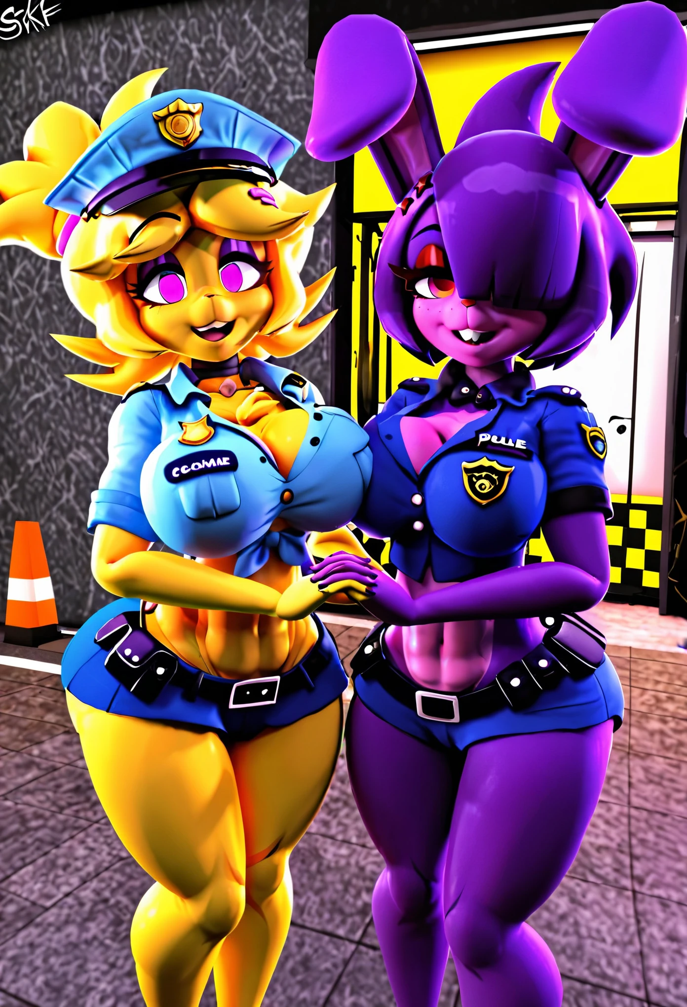 high quality, perfect image, best quality, highres, ultra-detailed, perfect eyes, perfect face, ultra high res, 4K, ultra-detailed, photography, 8K, HDR, absurdres, perfect lighting, extremely detailed, intricate facial detail, perfect body, perfect skin,, breasts, multiple girls, 2 girls, 2 women, Duo, 2 women police uniform, police cap, police badge, cops, 2 sexy women, 2 anthropomorphic women, bonfie+chiku, bonfie, chiku, multiple women, masterpiece, 2girls, rabbit ears, animal ears, purple hair, blonde hair, makeup, hair over one eye, smile, large breasts, furry female, holding hands,