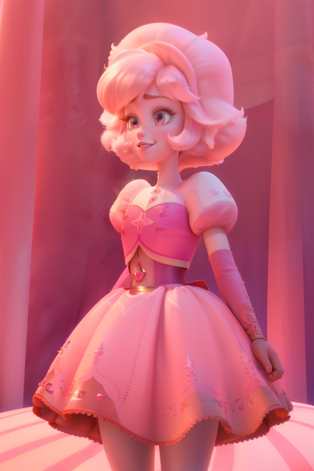 pnkdamond, pink hair, pink eyes, big hair, stomach gem, pink skin, toned,
puffy short sleeves, elbow gloves , white thighhighs, puffy dress,
standing, upper body,
outerspace,
(insanely detailed, beautiful detailed face,beautiful detailed eyes, masterpiece, best quality) cinematic lighting, smile,