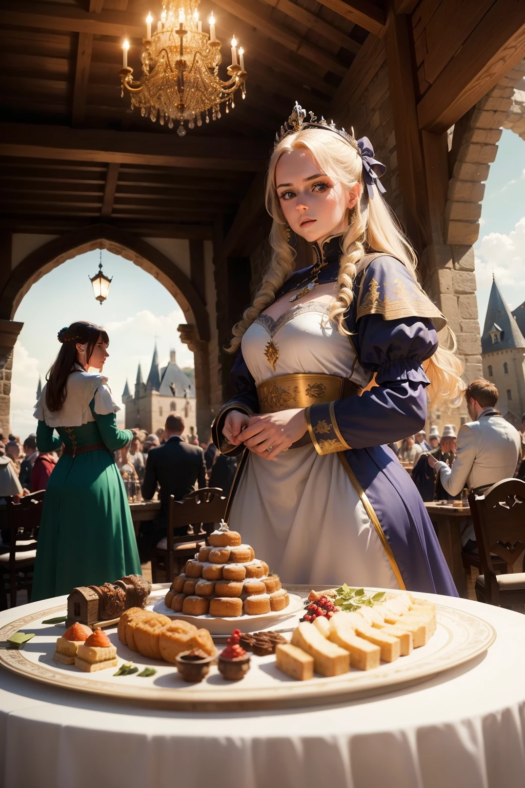 Imagina a grandiose castle, with towers reaching towards the sky and merlons jutting out against the horizon. In the inner courtyard, a medieval tournament is in full swing: knights in shining armor engage in trained duels, while elegant ladies observe from the tribune. At the center of the courtyard, a royal banquet is set up with tables laden with food and drinks, while minstrels play ancient melodies. Outside the castle walls, a medieval village comes to life with half-timbered houses and cobbled streets bustling with farmers and artisans. The air is filled with the scents of spices and wood smoke, while the church bells' echo rings