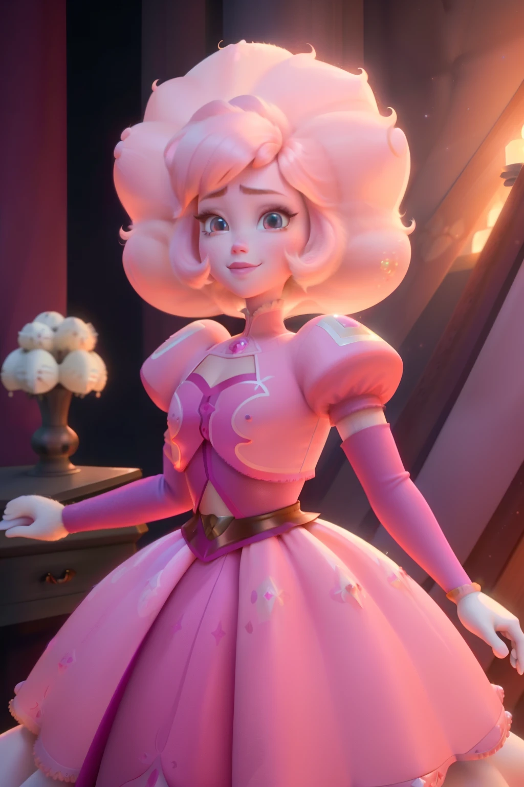 pnkdamond, pink hair, pink eyes,  big hair,  stomach gem,  pink skin,  toned, 
puffy short sleeves, elbow gloves ,  white thighhighs,   puffy dress, 
standing, upper body, 
 outerspace,  
(insanely detailed, beautiful detailed face,beautiful detailed eyes, masterpiece, best quality) cinematic lighting,  smile, 
 