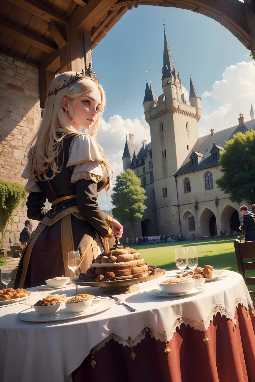 Imagina a grandiose castle, with towers reaching towards the sky and merlons jutting out against the horizon. In the inner courtyard, a medieval tournament is in full swing: knights in shining armor engage in trained duels, while elegant ladies observe from the tribune. At the center of the courtyard, a royal banquet is set up with tables laden with food and drinks, while minstrels play ancient melodies. Outside the castle walls, a medieval village comes to life with half-timbered houses and cobbled streets bustling with farmers and artisans. The air is filled with the scents of spices and wood smoke, while the church bells' echo rings