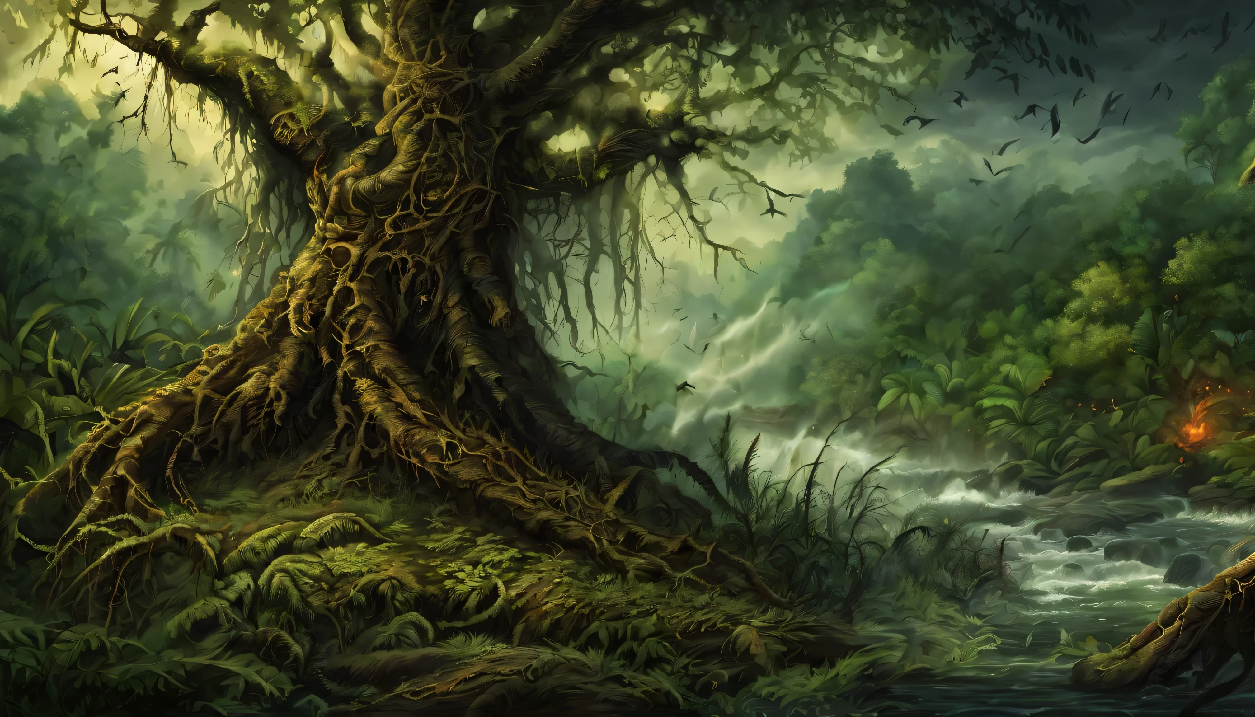 Design an image depicting an intense night storm scene over an ancient rainforest. The sky above is a canvas of chaotic beauty, with lightning bolts illuminating the dense canopy below. Each flash reveals the rich, wet leaves of towering trees and the intricate ecosystem that thrives under their shelter. The storm's fury is juxtaposed with the enduring calm of the forest, highlighting the timeless dance between nature's tempests and the tranquility of the ancient woodlands. Include the occasional glimpse of a waterfall or river, its waters surging in response to the downpour, adding to the scene's dynamic beauty