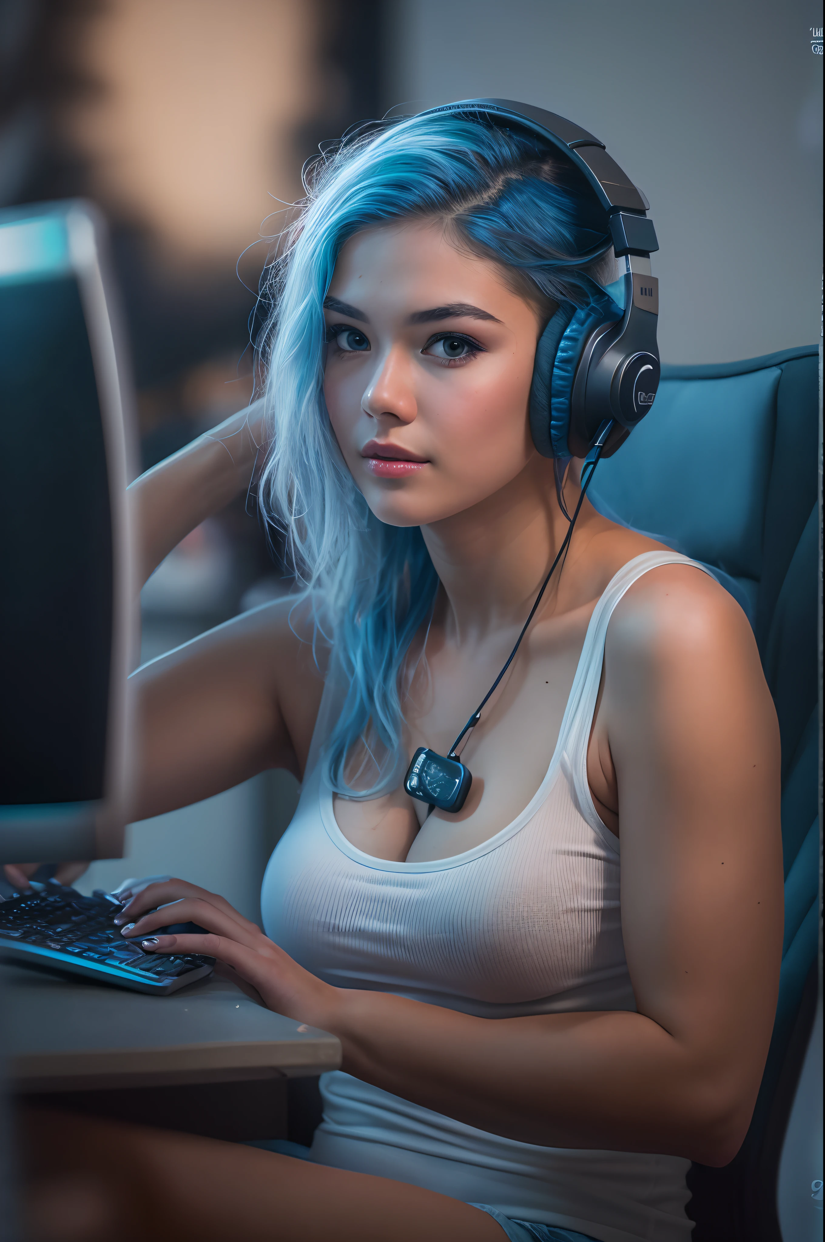 a beautiful 25 year old gamer girl (Julia Burch:0.5), (((skin texture:1))), ((natural skin)), (blue hair), (pale skin), curvy body, (high detail low cut white tank top with logo), (tiny shorts), sitting at computer desk, gaming, headset, widescreen, (masterpiece) (perfect proportion)(realistic photo)(best quality) (detailed) shot on a Canon EOS R5, 50mm lens, F/2.8, HDR, (8k) (wallpaper) (cinematic lighting) (dramatic lighting) (sharp focus) (intricate), RAW photo, posing for camera, 8k uhd, dslr, high quality, film grain, shot by Arny Freytag