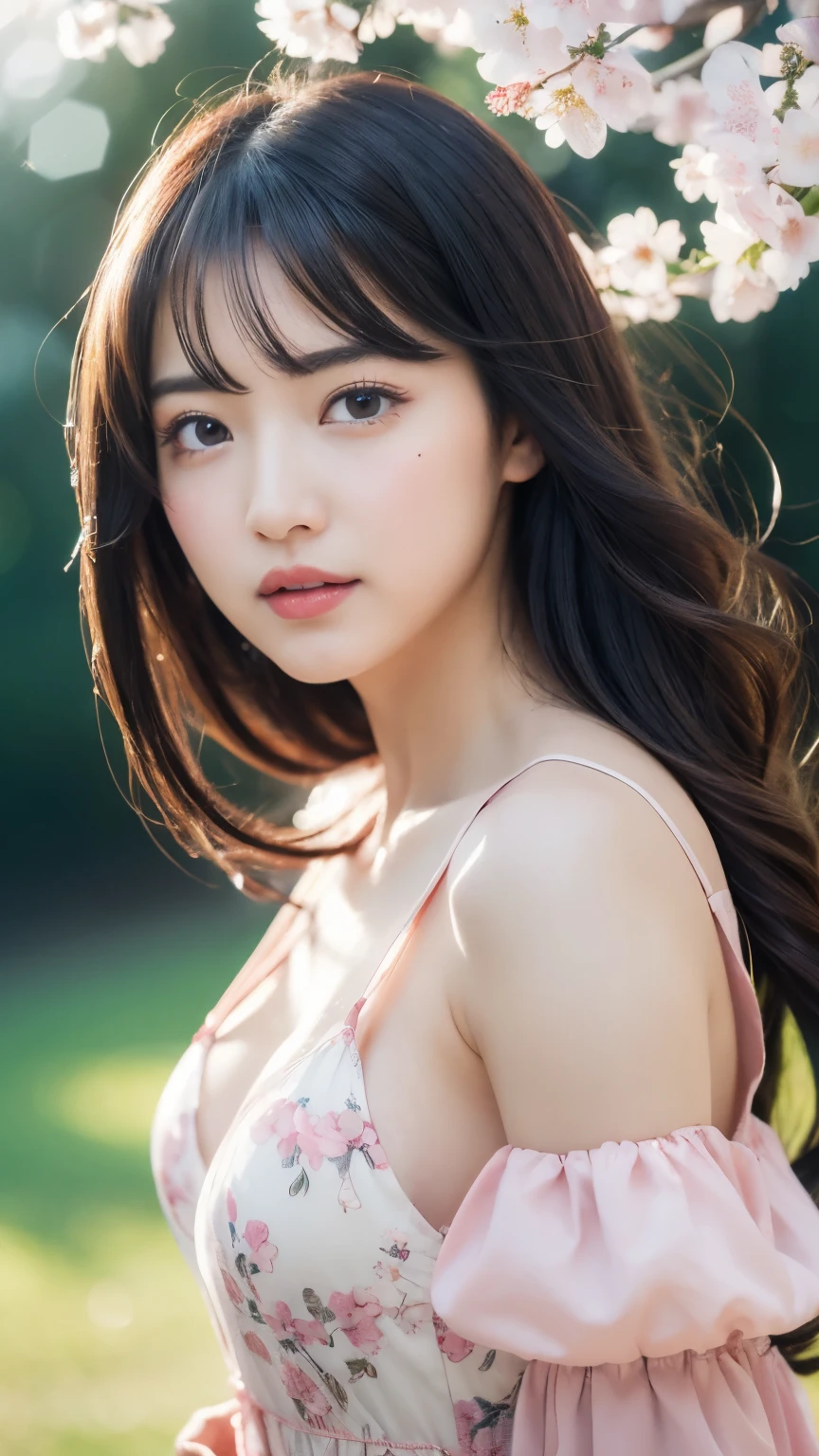 (logo、masterpiece、8K、table top、Raw photo、wonderful、最high quality、フォトリアリスティックでvery detailedな CG 統合 8k 壁紙、high quality、very detailed、narrative poem、particle effects、dynamic effects、Depth of the bounds written、cinematic light、Lens flare、ray tracing)、fantasy、 (1 beautiful woman、dress、dress、cherry blossom pattern、black haired、beautiful face、real face、beautiful details eyes beautiful skin)、髪がWindで踊る、Hair flutters in Wind、hair bounces、pink cherry tree、petals dance、SakuraFubuki、Spectacular view、sunrise、sun on background、Wind、