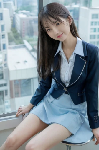 best quality, detailed, beautiful, insanely detailed, absurdres,perfect anatomy,
Japanese woman,black hair,27 years old,
(slender),
(small breasts), nsfw,
 from front, grinning, sitting, (legs spread:1.3), (light blue business suit, gray skirt), (white blouse:1.0), with a chair, with a window, cowboy shot, (View from below:1.3)