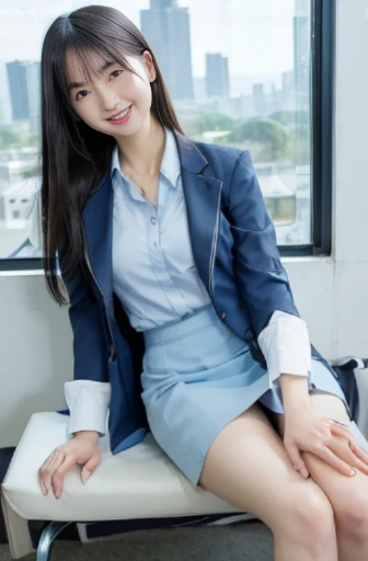 best quality, detailed, beautiful, insanely detailed, absurdres,perfect anatomy,
Japanese woman,black hair,27 years old,
(slender),
(small breasts), nsfw,
 from front, grinning, sitting, (legs spread:1.3), (light blue business suit, gray skirt), (white blouse:1.0), with a chair, with a window, cowboy shot, (View from below:1.3)